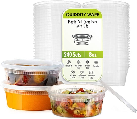 Deli Containers with Lids Leakproof - 240 Pack BPA-Free Plastic Microwaveable Clear Food Storage Container Premium Heavy-Duty Quality, Freezer & Dishwasher Safe (8oz 240 Sets)