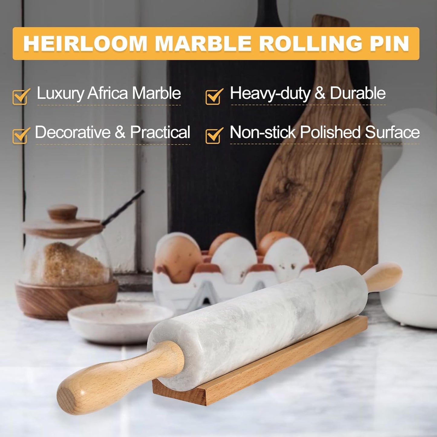 Koville African Natural Marble Rolling Pin, Non-Stick Polished Dough Roller, Pasta, Dumpling, Fondant, Pie Crust, Bread, Pizza Dough, Kitchen Baking Pastry Tools with Mat/Scraper(Grigio Fantasy)
