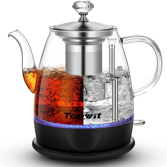 Topwit Electric Kettle Glass, For Hot Water, Tea and Coffee Dual Purpose Design, BPA-Free, 1L Pour Over Removable Stainless Steel Infuser, Auto-shut Off & Boil-dry Protect