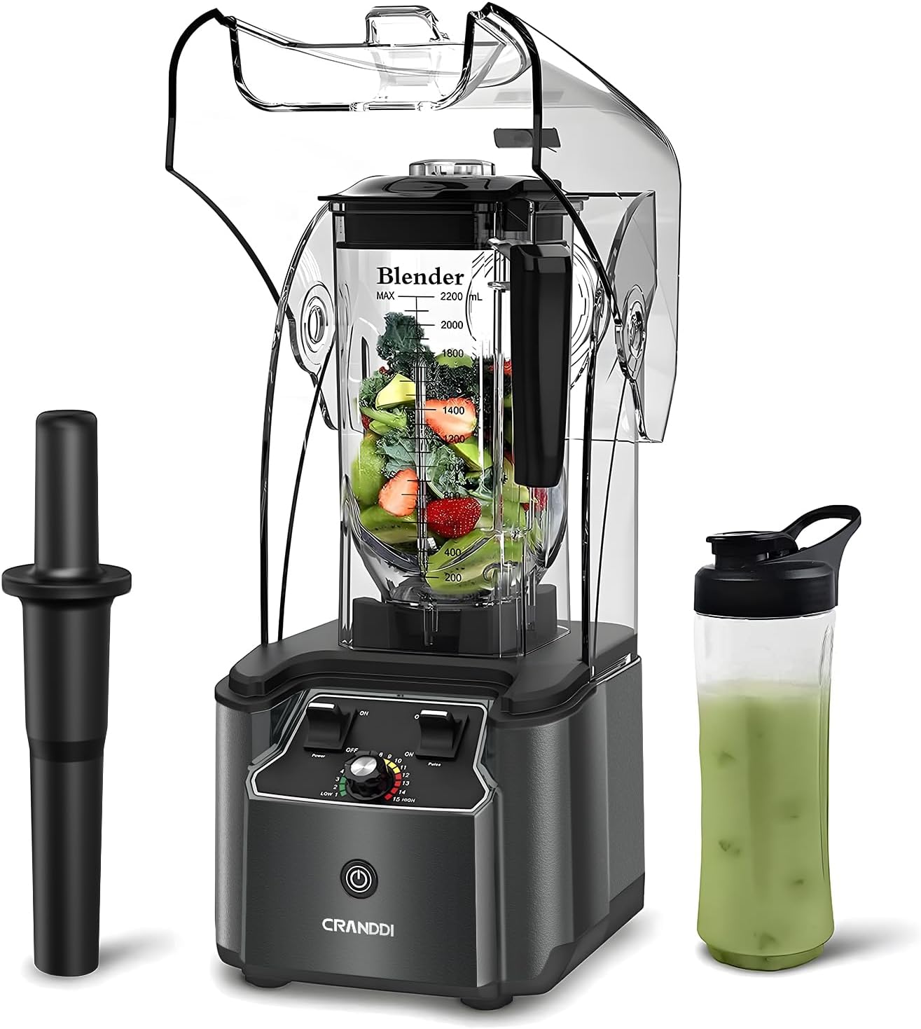 CRANDDI Quiet Commercial Blender with Soundproof Shield, 2200 Watt Professional Blenders for Kitchen with 80oz Jar and Self-Cleaning, High-Speed Blenders K90 Grey