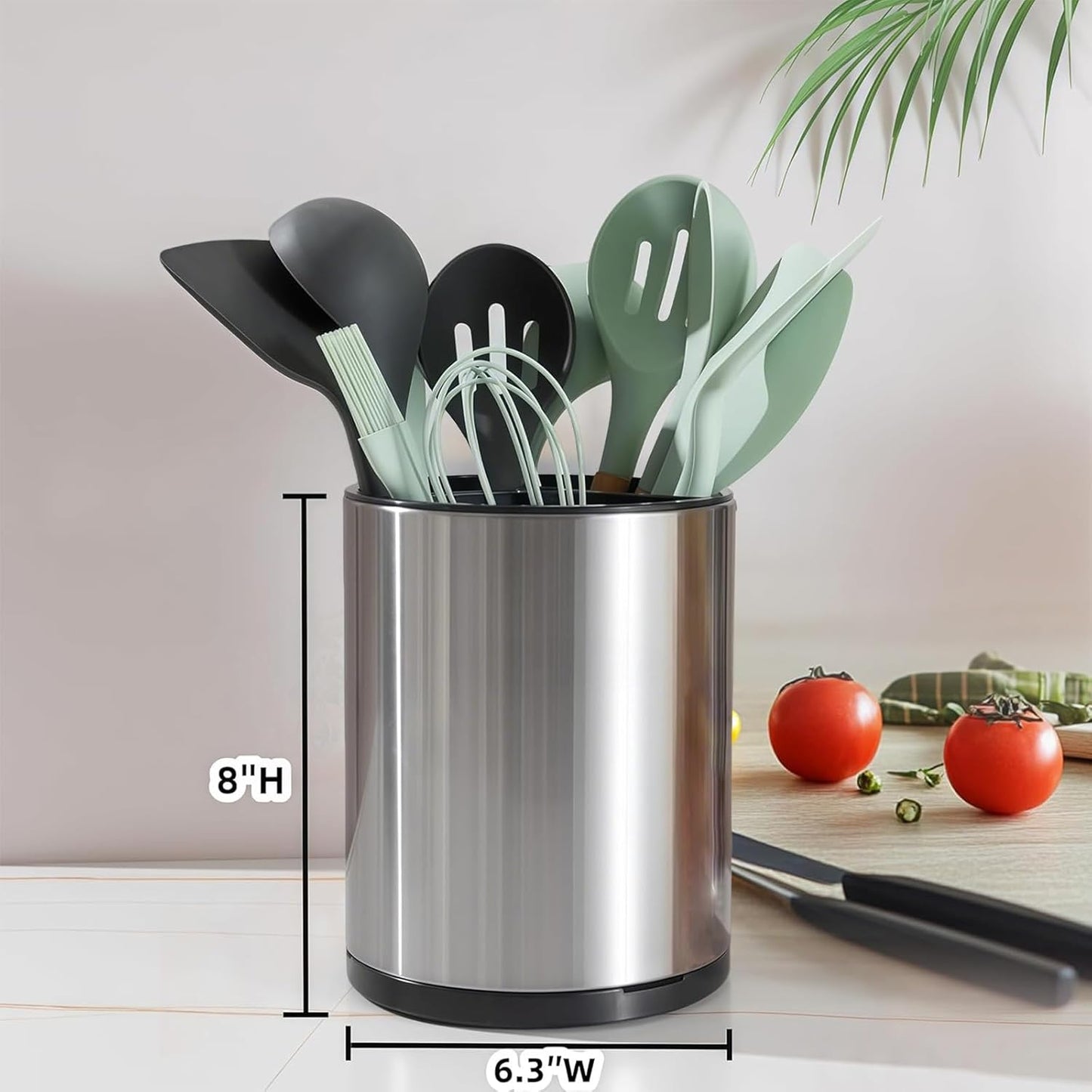 Kitchen Utensil Holder - 360° Rotating Stainless Steel Countertop Organizer (with Cleaning Brush) for Spoons, Spatulas & Cutlery Storage, Cooking Silverware Caddy with Removable Base, Silvery
