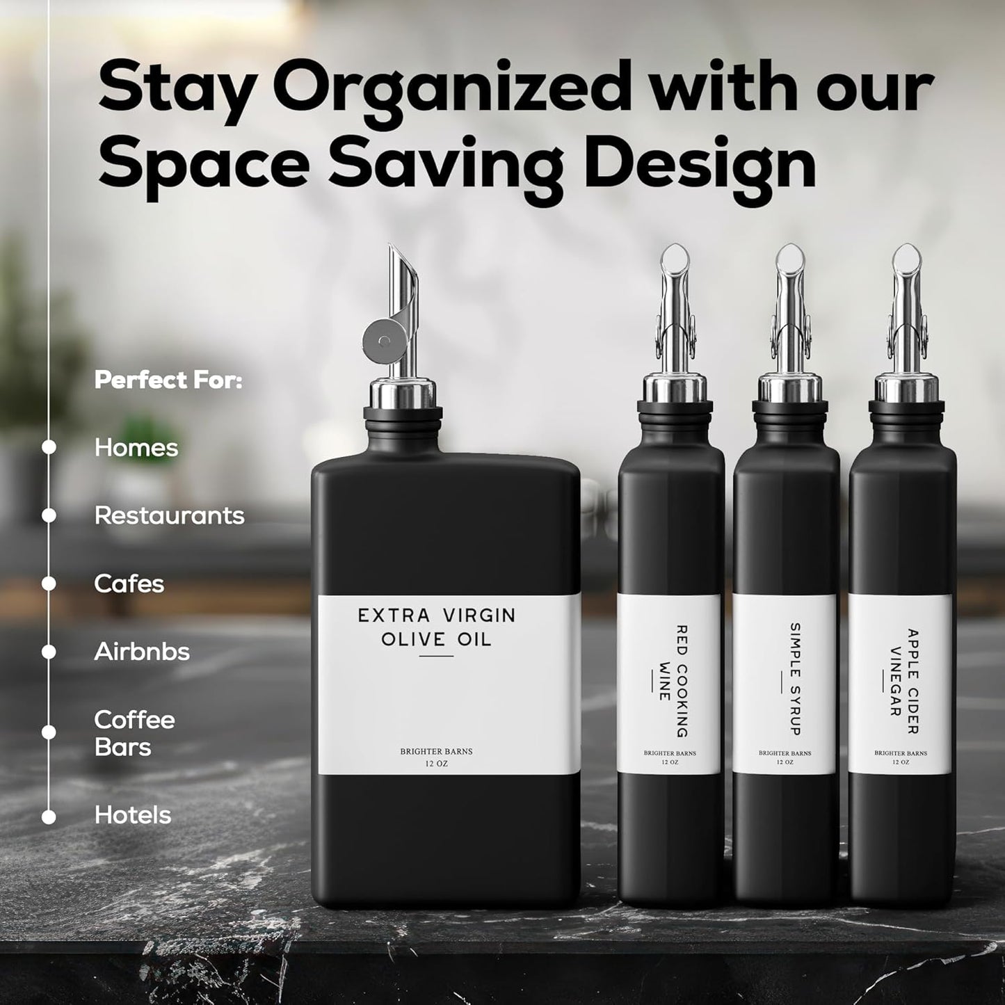 Black Glass Olive Oil Dispenser Bottle for Kitchen by Brighter Barns - Soy Sauce Dispenser, Coffee Syrup Bottle - Modern Kitchen Decor for Restaurant, Airbnb, Coffee Bar Accessories (Black, Set of 2)