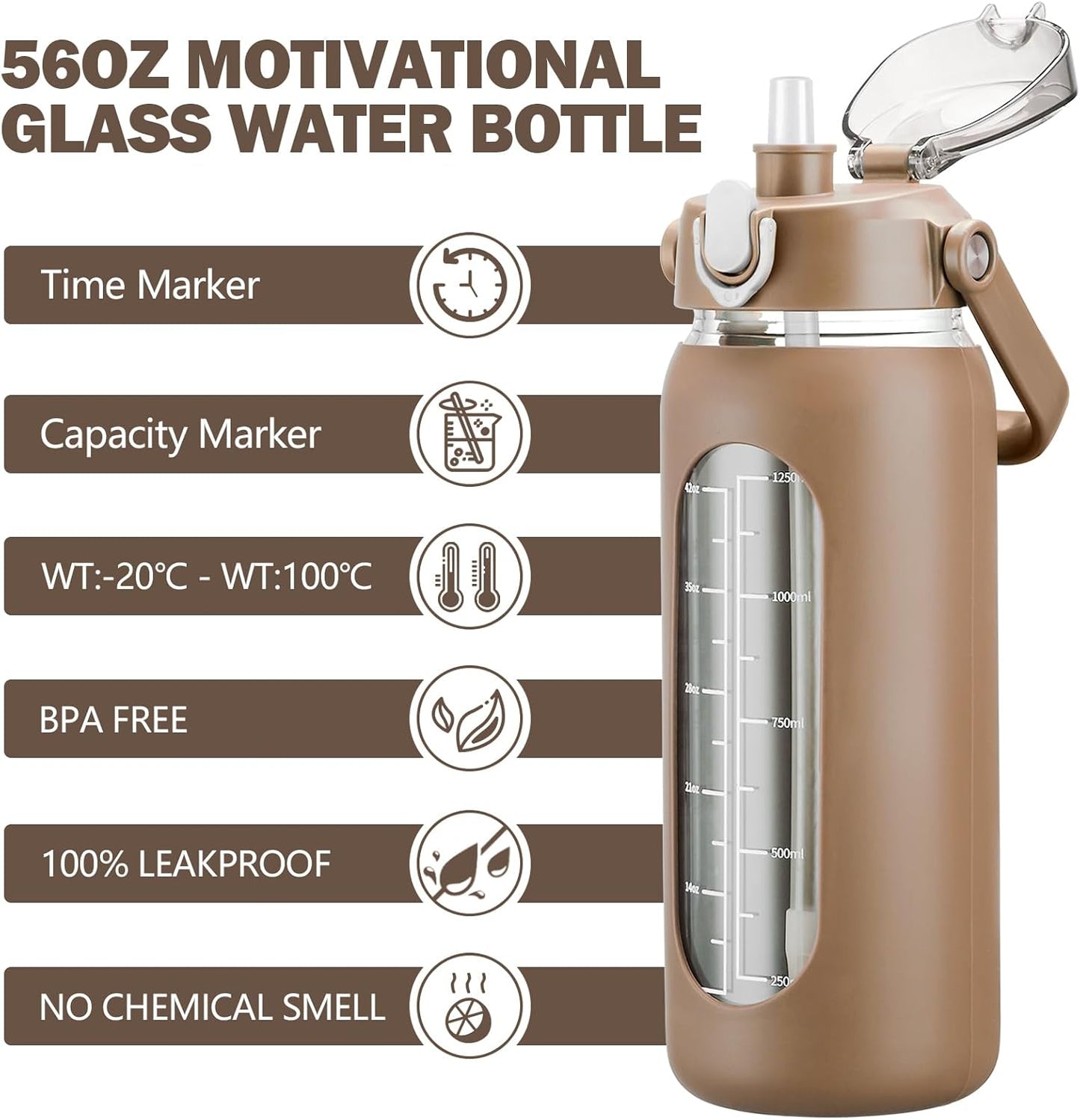 kytffu 56oz Glass Water Bottles with Straw, Motivational Glass Bottle with Silicone Sleeve and Time Marker, Leakproof Large Glass Water Jug for Gym Home Office,Amber