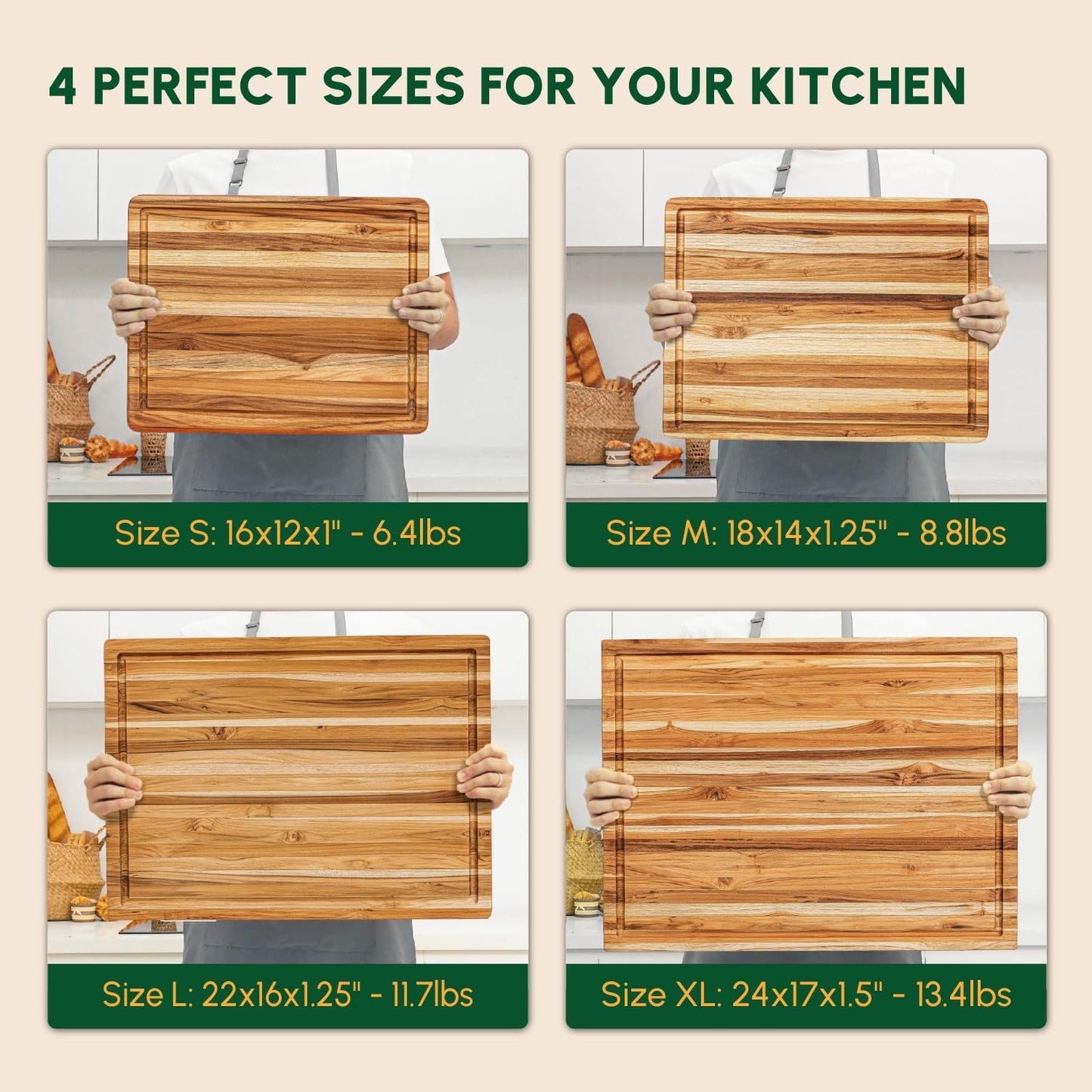 BEEFURNI Teak Wood Cutting Board with Juice Groove Hand Grip (M, 20x15x1.25"), Wooden Cutting Board for Kitchen, Butcher Block, Charcuterie Boards, Christmas Gifts, 1-year Manufacturer Warranty