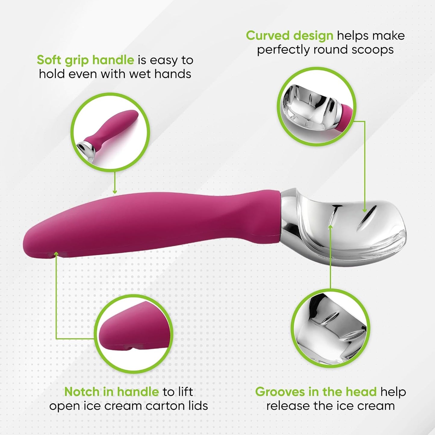 Spring Chef Heavy Duty Metal Ice Cream Scoop with Non-Slip Handle, Premium Ice Cream Spade for Frozen Yogurt, Gelato, Sorbet, Sundae, Melon, Cookie Dough - Dishwasher Safe Kitchen Tool - Magenta