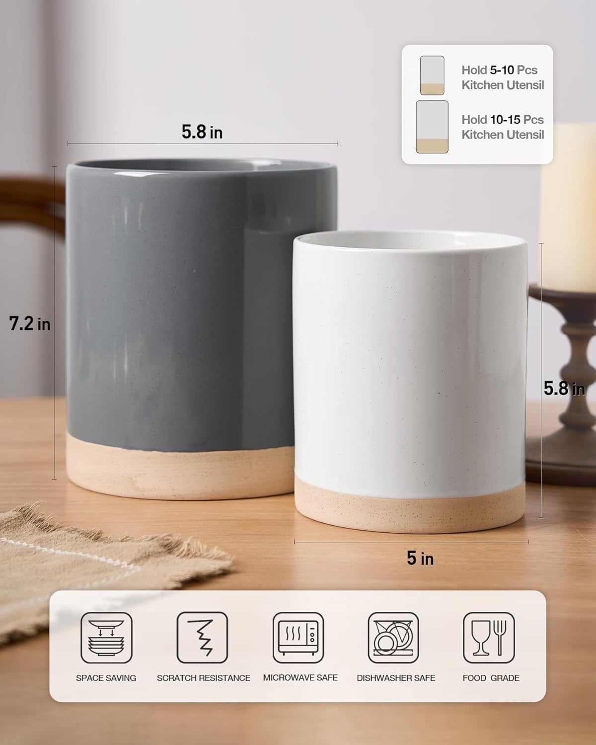 famiware Milkyway Kitchen Utensil Holder for Countertop, Ceramic Cooking Utensil Crocks for Kitchen Counter, Utensil Organizer for Spatula & Spoon, Set of 2, Dark Gray and White