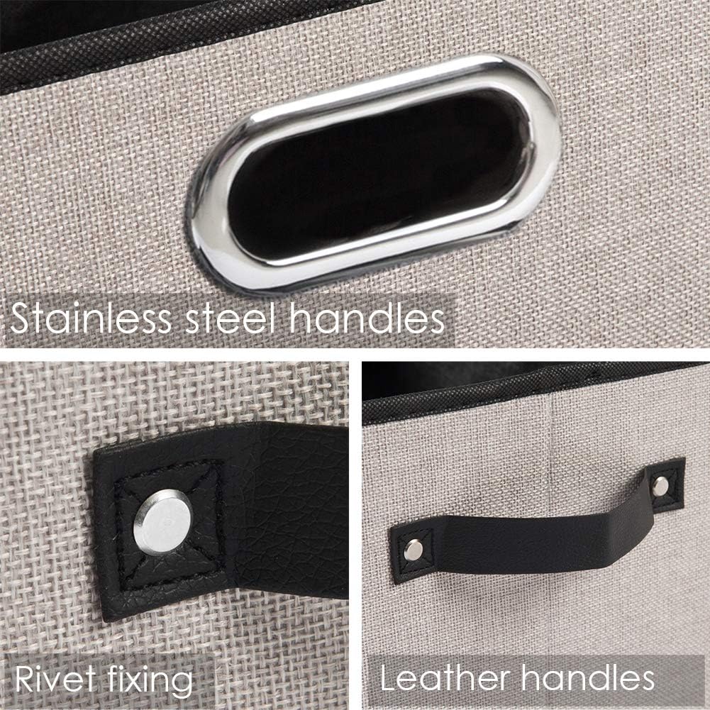PRANDOM Large Fodable Storage Bins for Closet [3-Pack] Decorative Linen Fabric Storage Bins Cubes with Leather/Metal Handles for Shelves Bedroom Living Room Light Grey (14.9x9.8x8.3 Inch)