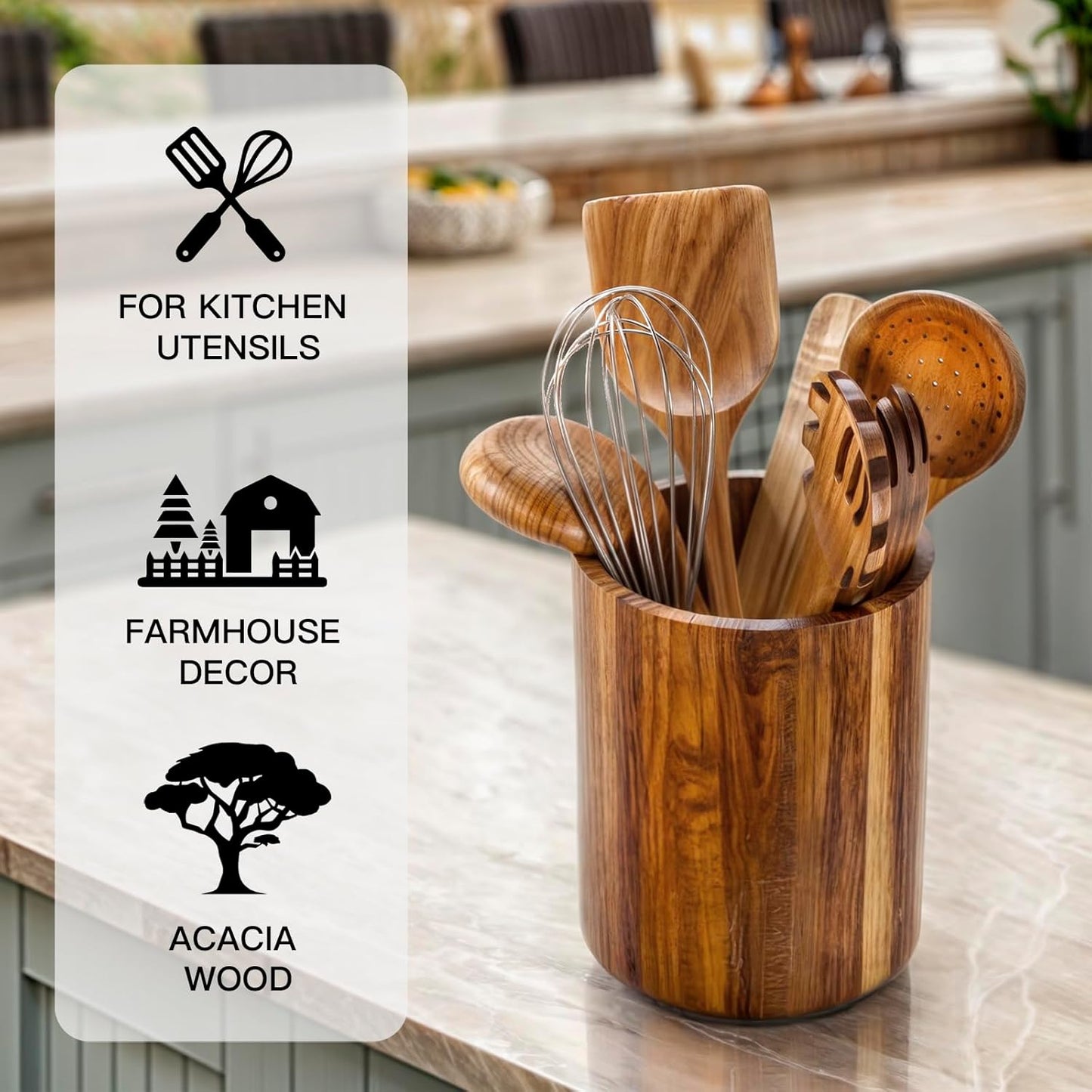 Large Acacia Wood Utensil Holder for Kitchen Counter, 360° Rotating Kitchen Utensil Holder, Set of 2 (7.9" & 5.9"), Rustic Farmhouse Decor Accessories