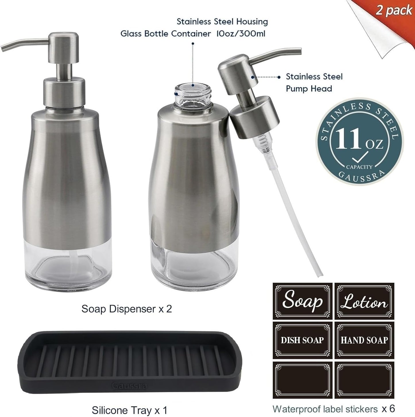 Kitchen Soap Dispenser Set with Silicone Tray and Stickers - Brushed Nickel, Stainless Steel Glass Soap Dispenser Bathroom, Refillable Hand Dish Soap Dispenser for Kitchen Sink