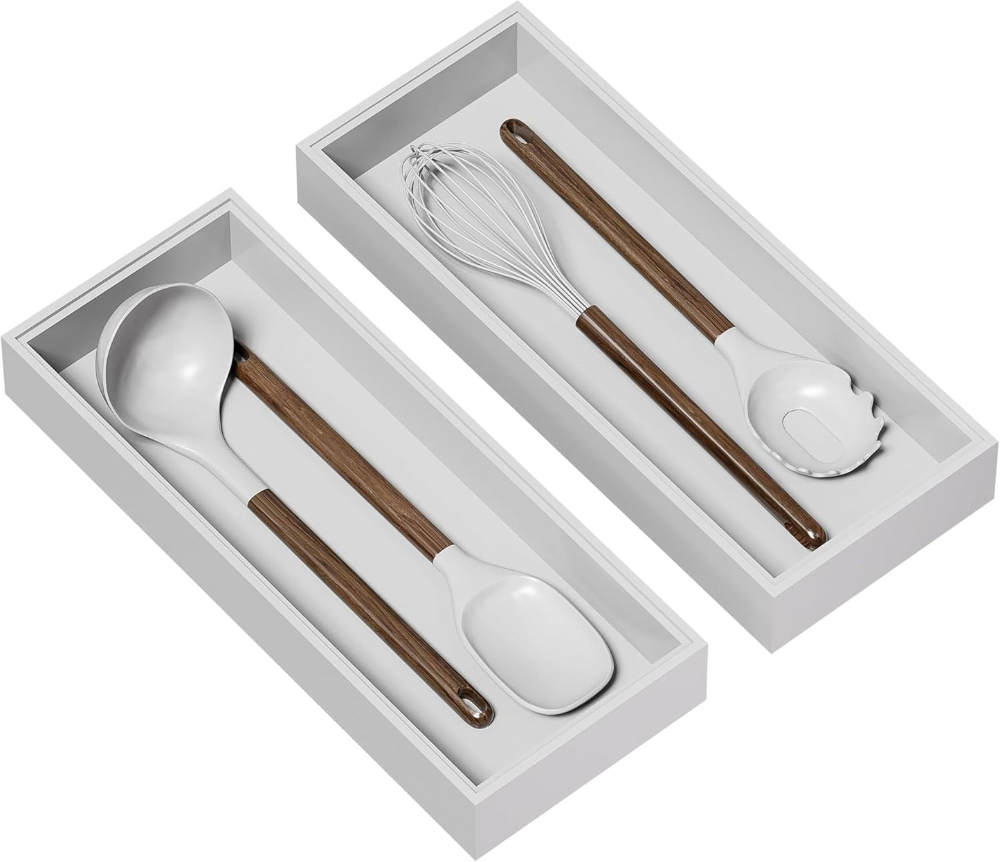 Kitchen Drawer Organizer - 2 Pack, Stackable Bamboo Drawer Organizers, Wooden Storage Box Tray for Cabinet, Pantry, Bathroom Countertop, Multi-use Organization and Storage (White)