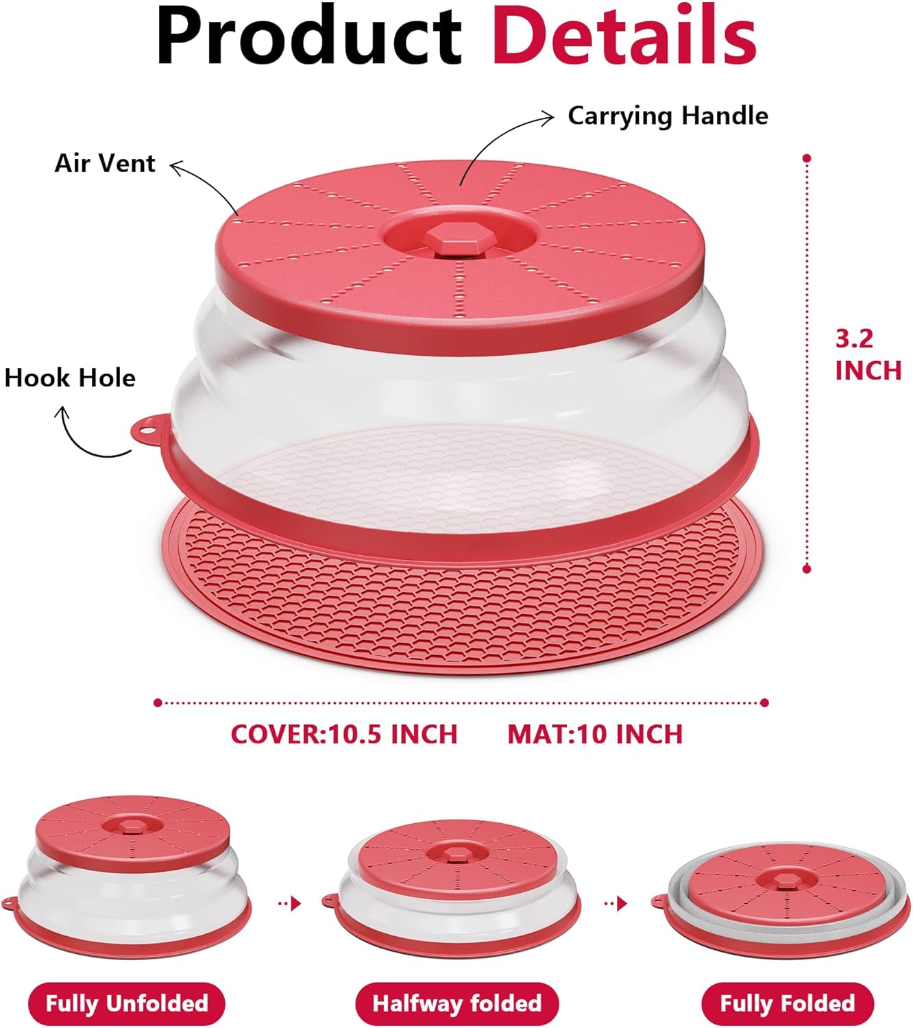 WVM Microwave Splatter Cover & Mat, Vented Collapsible Splatter Guard dish Plate lid & Silicone Round Kitchen Mat for Food, Meal Prep, Red