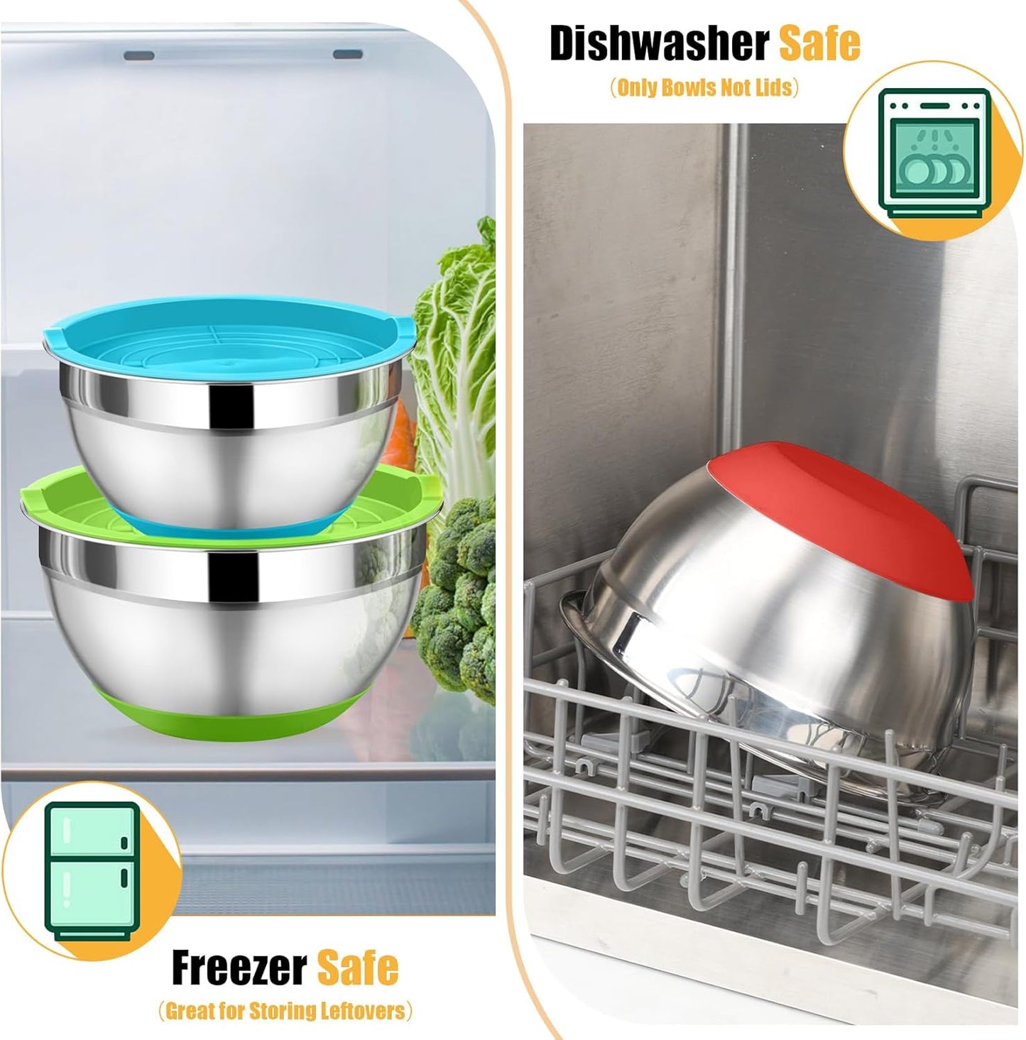 P&P CHEF Mixing Bowl with Lids Set of 3, Stainless Steel Nesting Salad Bowls for Serving Preparing, 3 Grater Attachments & Non-Slip Bottoms, Size 1.5/2.6/4.6 QT, Multicolor