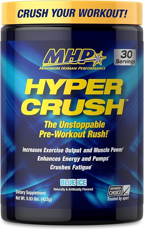 Maximum Human Performance MHP HYPER CRUSH Pre Workout energy drink creatine beta alanine nitric oxide pump citrulline AKG 30 Servings, Blue Ice, 14.88 Ounce