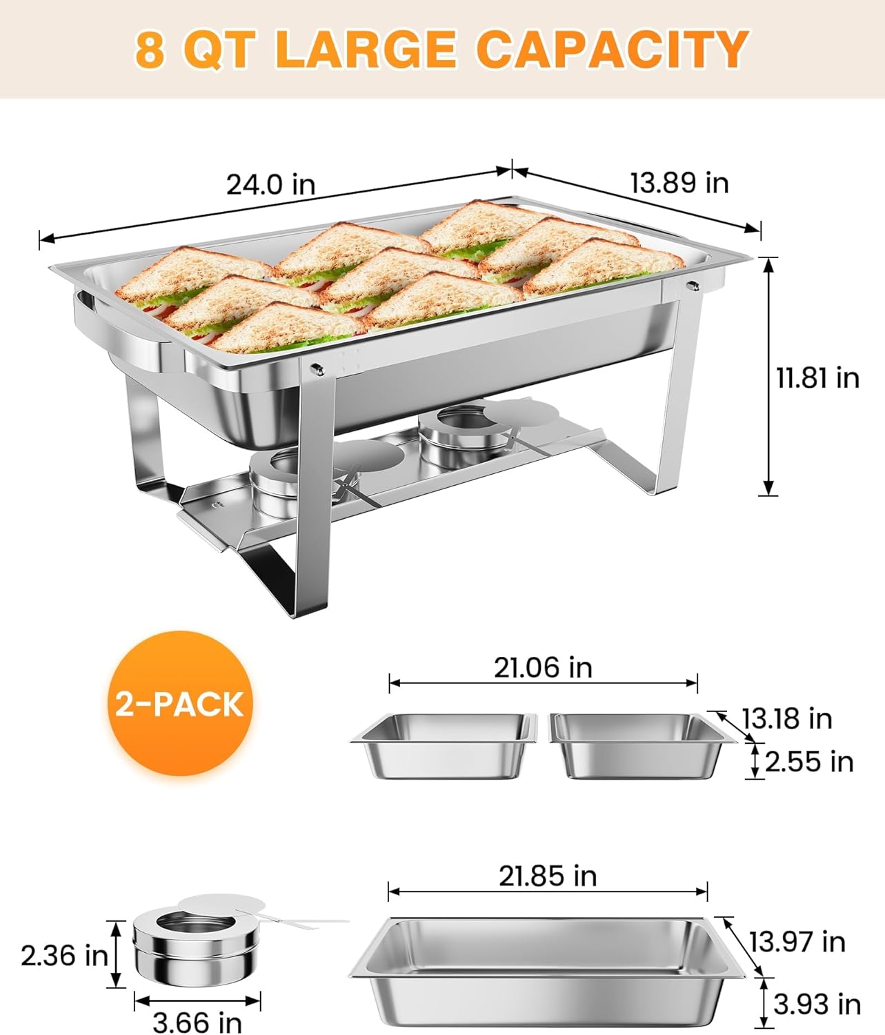 GarveeHome Chafing Dish Buffet Set 2 Pack, 8 QT Food Servers and Warmers Stainless Steel Chafer with Water Pan for Weddings, Parties, Banquets, and Catering