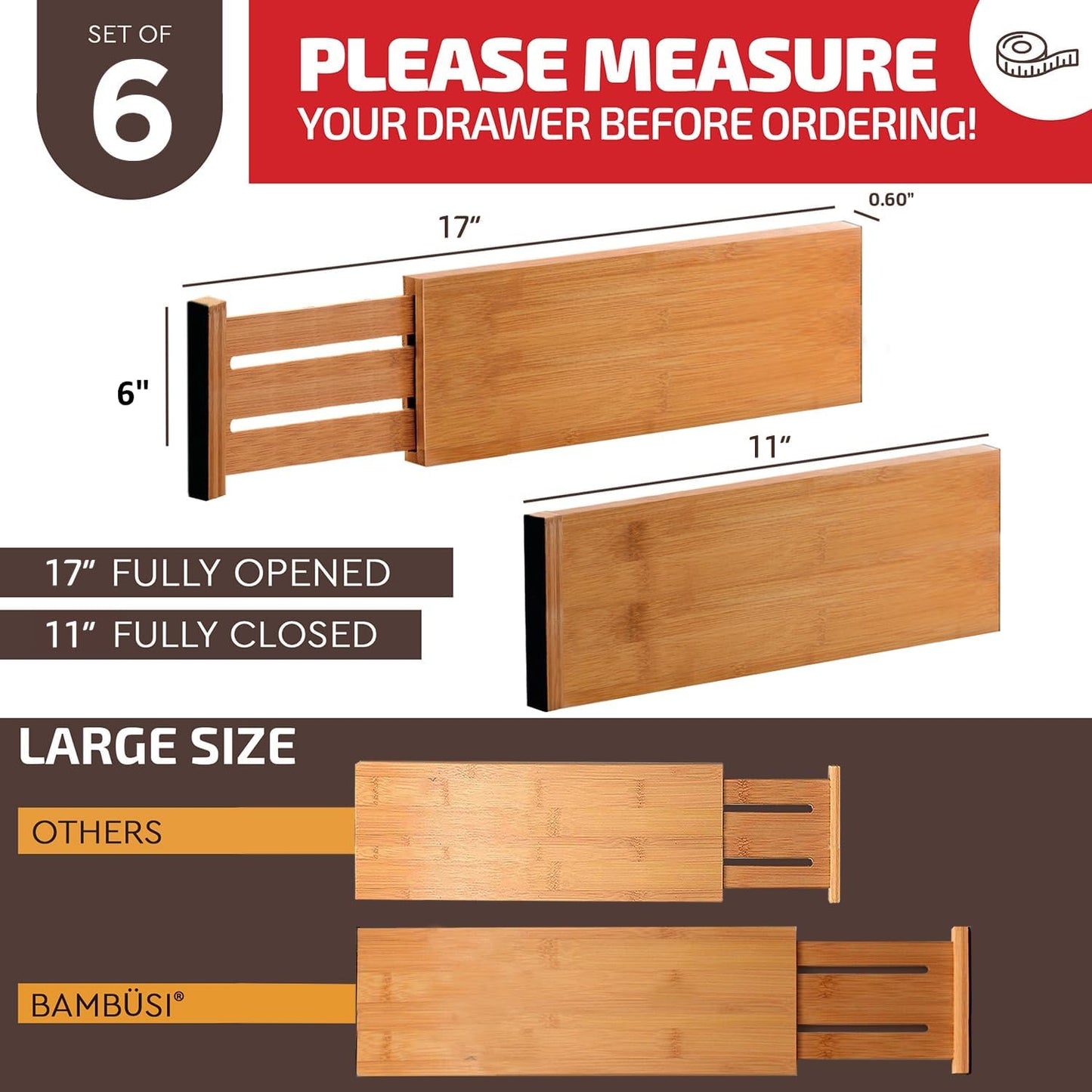 6 Pack Drawer Dividers 6 Inch High, 11”-17" Adjustable Bamboo Organizers Large Expandable Drawer Separators for Cloths, Dresser, Bedroom, Bathroom, Baby Drawer, Office & Kitchen Utensils (Natural)
