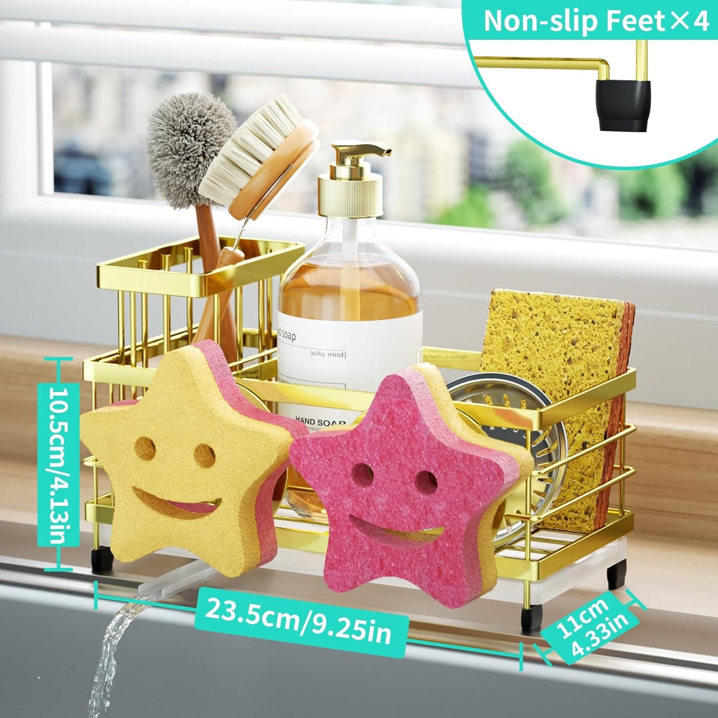 HapiRm Sink Caddy Sponge Holder - Self-draining Kitchen Sink Organizer with Smiley Face and Brush Holder, Stainless Steel Kitchen Sponge Caddy for Countertop - Gold