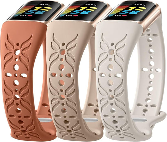 Maledan Slim Engraved Band Compatible for Fitbit Charge 6/Charge 5 Bands Women Men, Elegant Hollow-out Pattern Bracelet Strap Loops Wristbands for Fitbit Charge 5/Charge 6 Fitness Tracker Accessories