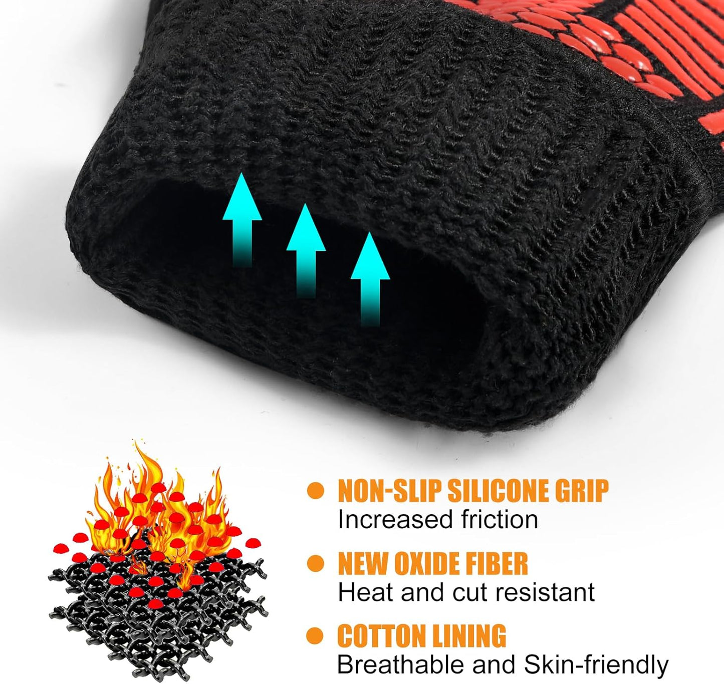 BBQ Gloves, Oven Gloves, 1472°F Extreme Heat Resistant Barbecue Gloves, Silicone Non-Slip Oven Mitts, Kitchen for Cooking, Grilling, and Baking (Red)