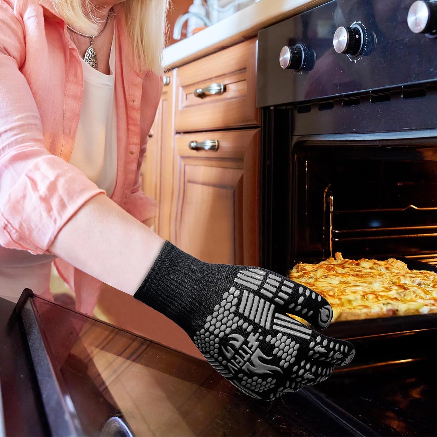 BBQ Gloves, Oven Gloves, 1472°F Extreme Heat Resistant Barbecue Gloves, Silicone Non-Slip Oven Mitts, Kitchen for Cooking, Grilling, and Baking (Gray)