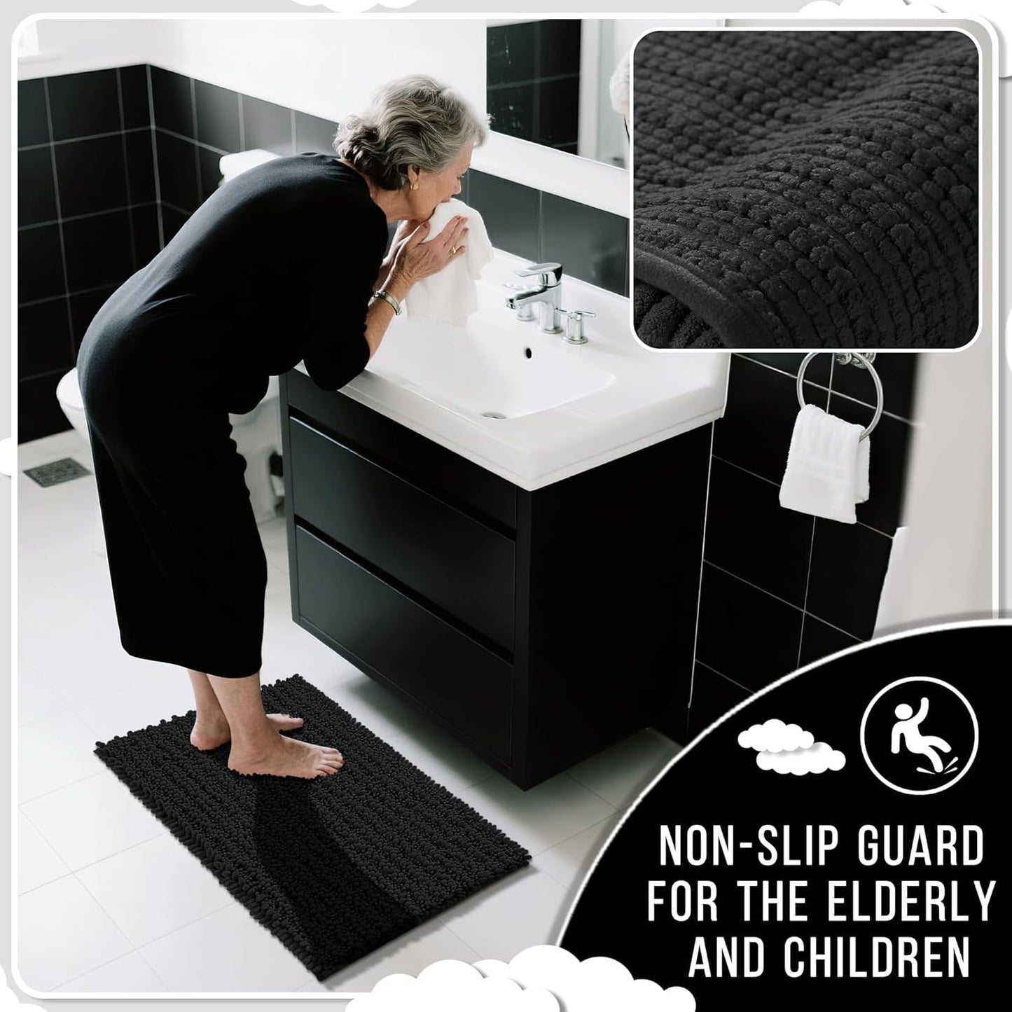 Yimobra Bathroom Rugs Non Slip Washable 24x17 Inch - Ultra Soft Absorbent Chenille Bath Mat, Quick Dry Shaggy Floor Carpet for Tub Shower, Black Home Decor Accessories