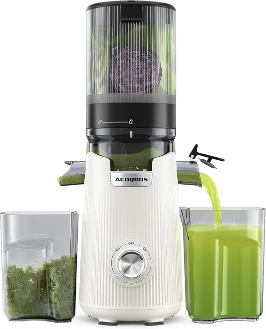 ACOQOOS Juicer Machines, Cold Press Juicer Whole Fruit and Vegetable with 5.3" Wider and Larger Feeding Chute (Capacity 1.8L), Easy to Clean Juicers with 2 Cups, Masticating Juicer White