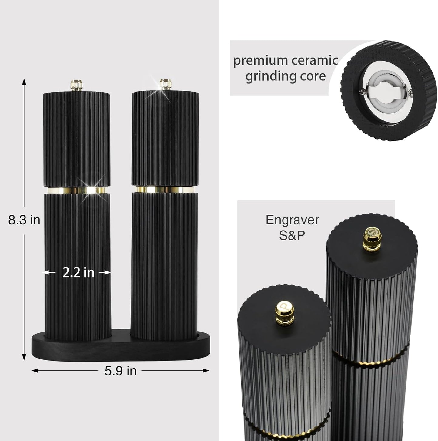 Wooden Salt and Pepper Grinder Set with Gold Accents, Salt and Pepper Grinder with Adjustable Coarseness, Beech Wood Pepper Grinder Manual,Salt and Pepper Shakers Matching Wooden Rray for Gifting