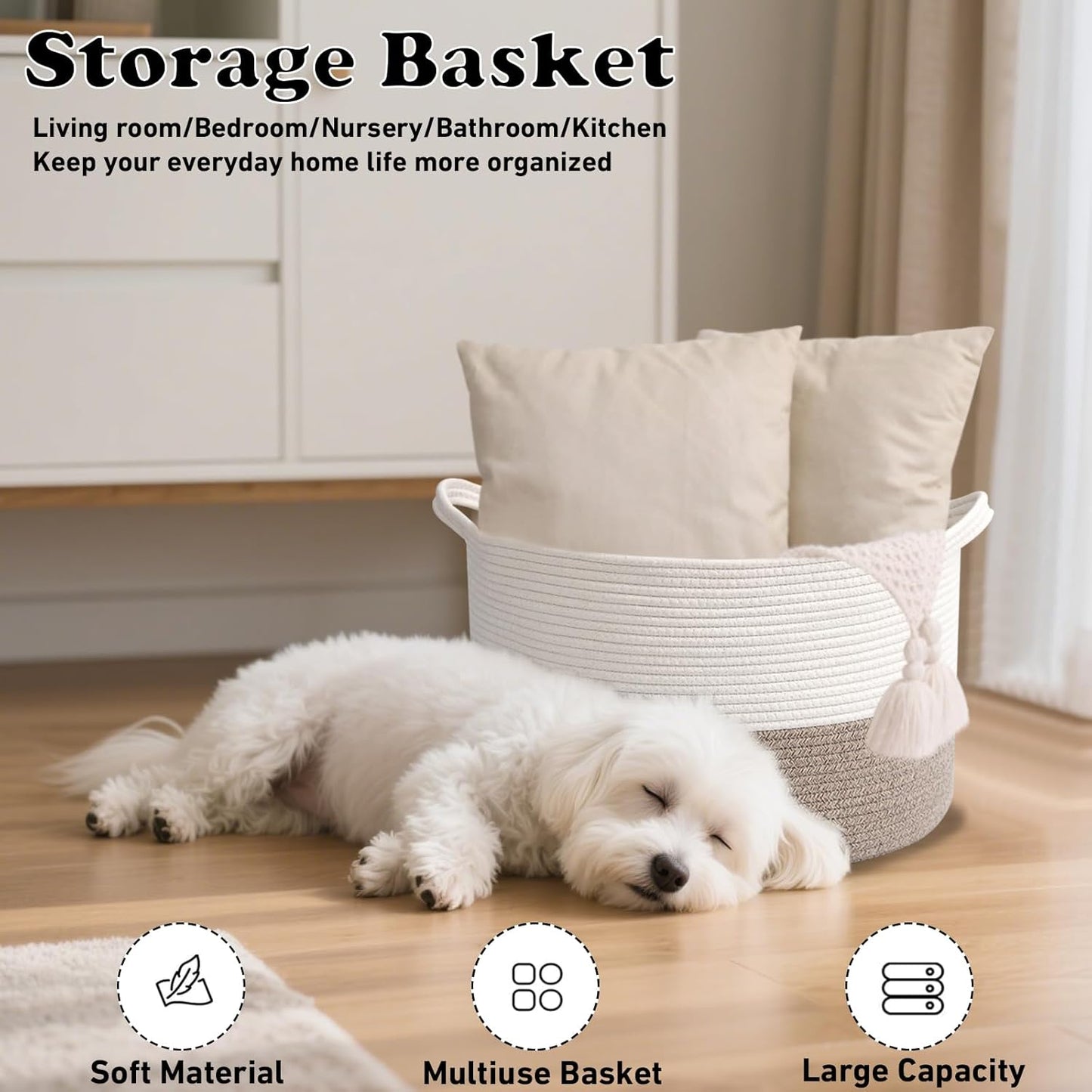 Large Blanket Basket for Organizing,65L Closet Organizers and Storage Bins Box for Shelves Woven Rope Storage Baskets,Living Room,Bedroom,Dorm,Laundry room (White&Brown)