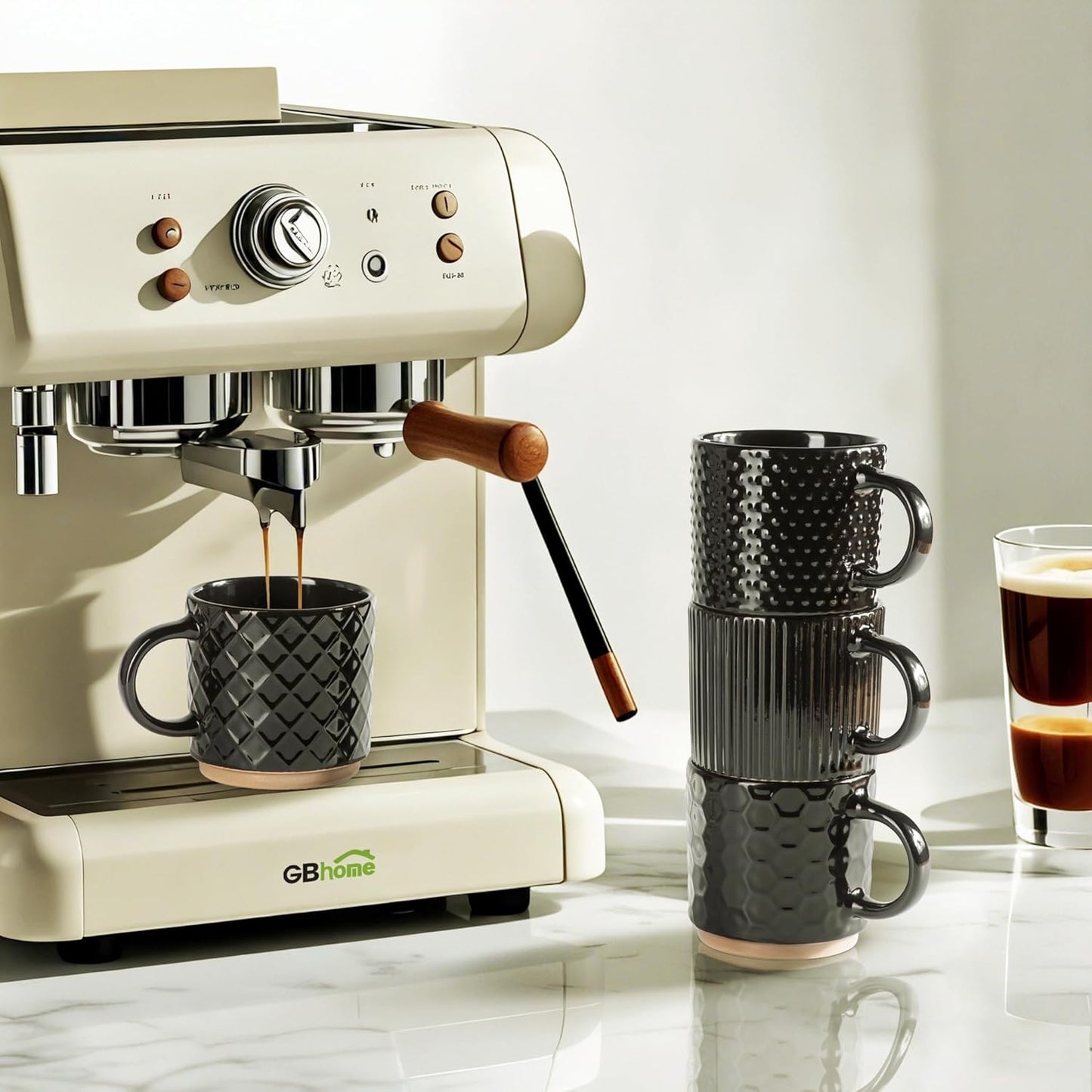 GBHOME 6OZ Stackable Coffee Mugs, Ceramic Coffee Mugs with Texture Patterns for Man,Woman,Dad,Mom, Modern Coffee Cups Set of 4 for Espresso/Cappuccino/Cocoa. Dishwasher&Microwave Safe, Black