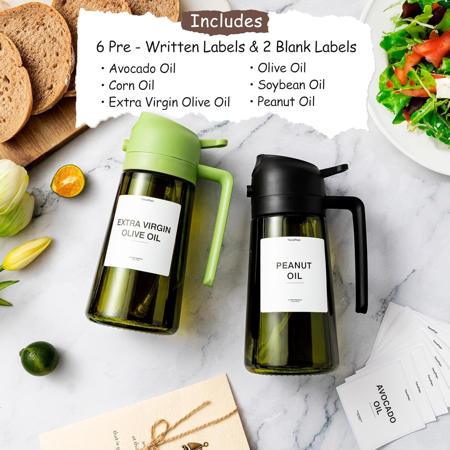 TrendPlain - Original 16oz/470ml Olive Oil Dispenser Bottle for Kitchen Gadgets and Air Fryer Accessories - Olive Oil Sprayer for Cooking w/Stickers - Sky Blue