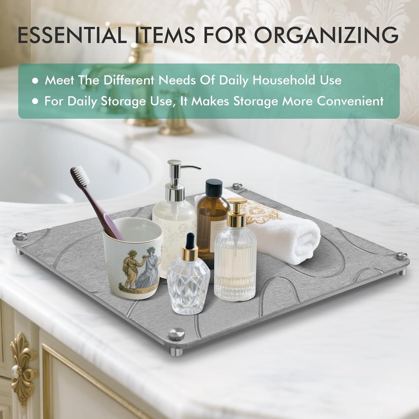 Stone Drying Mat For Kitchen Counter Superb Absorbent Diatomaceous Earth Mats with Non-Slip Feet Quick Dry Stone Dish Drying Pad Dish Pad Multi-Purpose(Flow Line-MediumGray, 15.7" x 11.8")