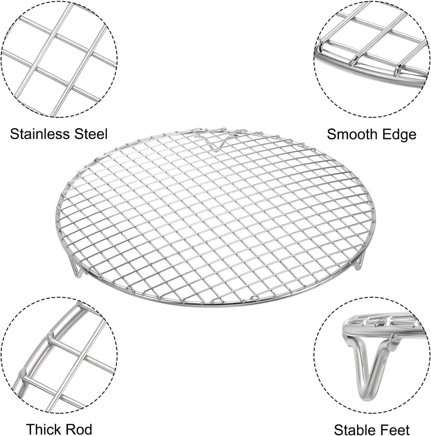 uxcell Round Cooking Rack with Legs, Dia 10.4 Inch 304 Stainless Steel Barbecue Grill for Cooking Baking Barbecue Air Fryer Racks, Silver