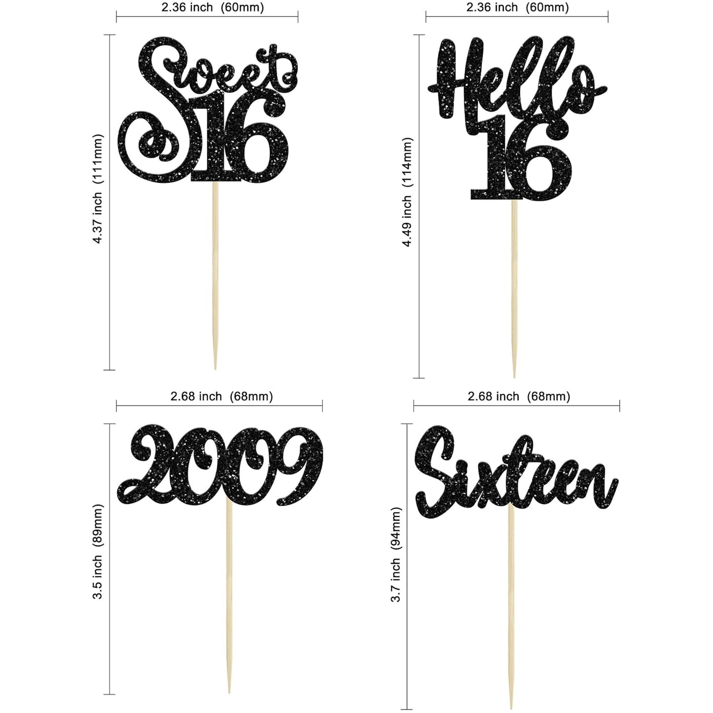Gyufise 24Pcs Happy 16th Birthday Cupcake Toppers Glitter Hello 16 Sweet 16 Cupcake Picks 2009 Sixteen Old Birthday Cake Decorations for 16th Birthday Anniversary Party Supplies Black