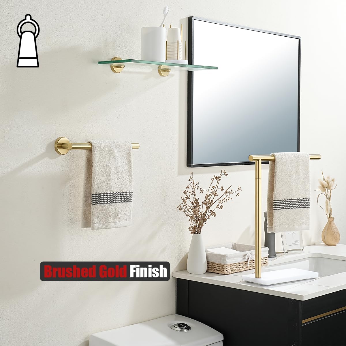 JQK Hand Towel Bar Gold, 10 Inch Thicken 0.8mm 304 Stainless Steel Bathroom Hand Towel Holder, 9 Inch Useable Length Wall Mount, Brushed Gold, THH110L9-BG