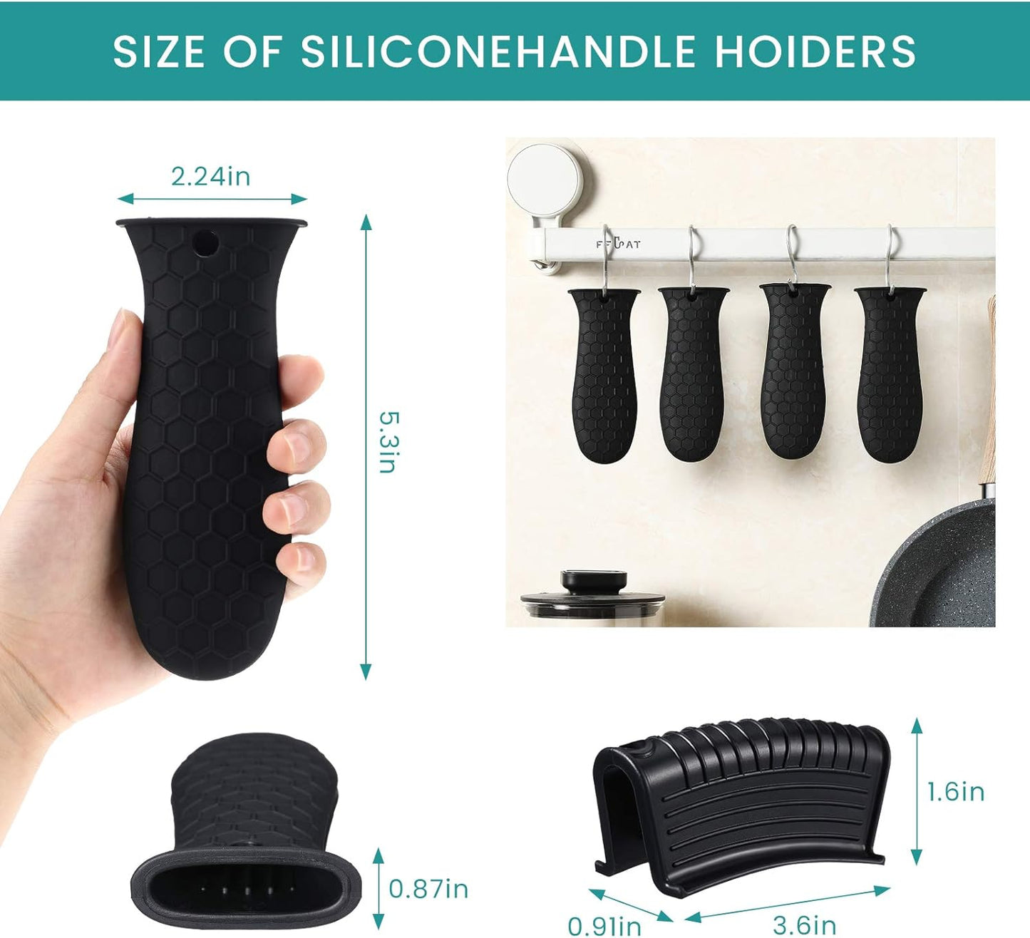 Patelai 8 Pcs Silicone Pot Holders Set Cast Iron Handle Cover Heat Resistant Pot Handle Covers Potholder Non Slip Reusable Pan Sleeve for Frying Pan Kitchen Supplies(Black)