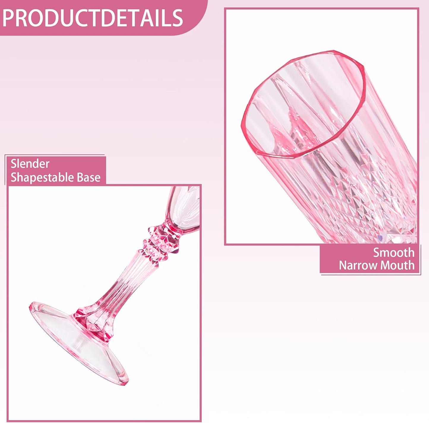 Plastic Champagne Flutes, 12PCS Pink Plastic Wine Glasses Goblets Reusable Champagne Flute for Weddings, Bachelor Parties, Toasting, and Events(12, Pink)