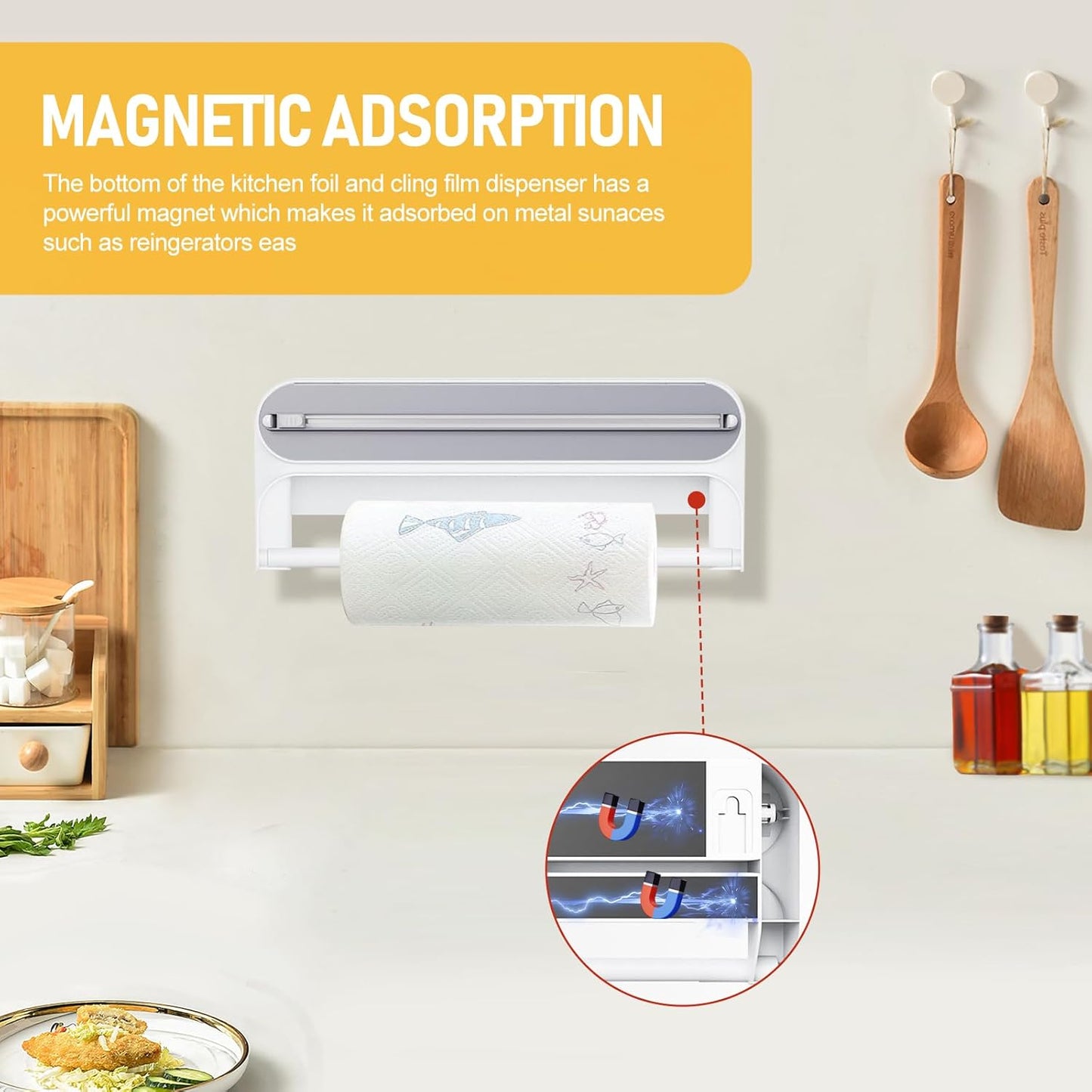 2 in 1 Kitchen Organizer with Cutter, Aluminum Foil & Plastic Wrap Dispenser, Paper Towel Holder