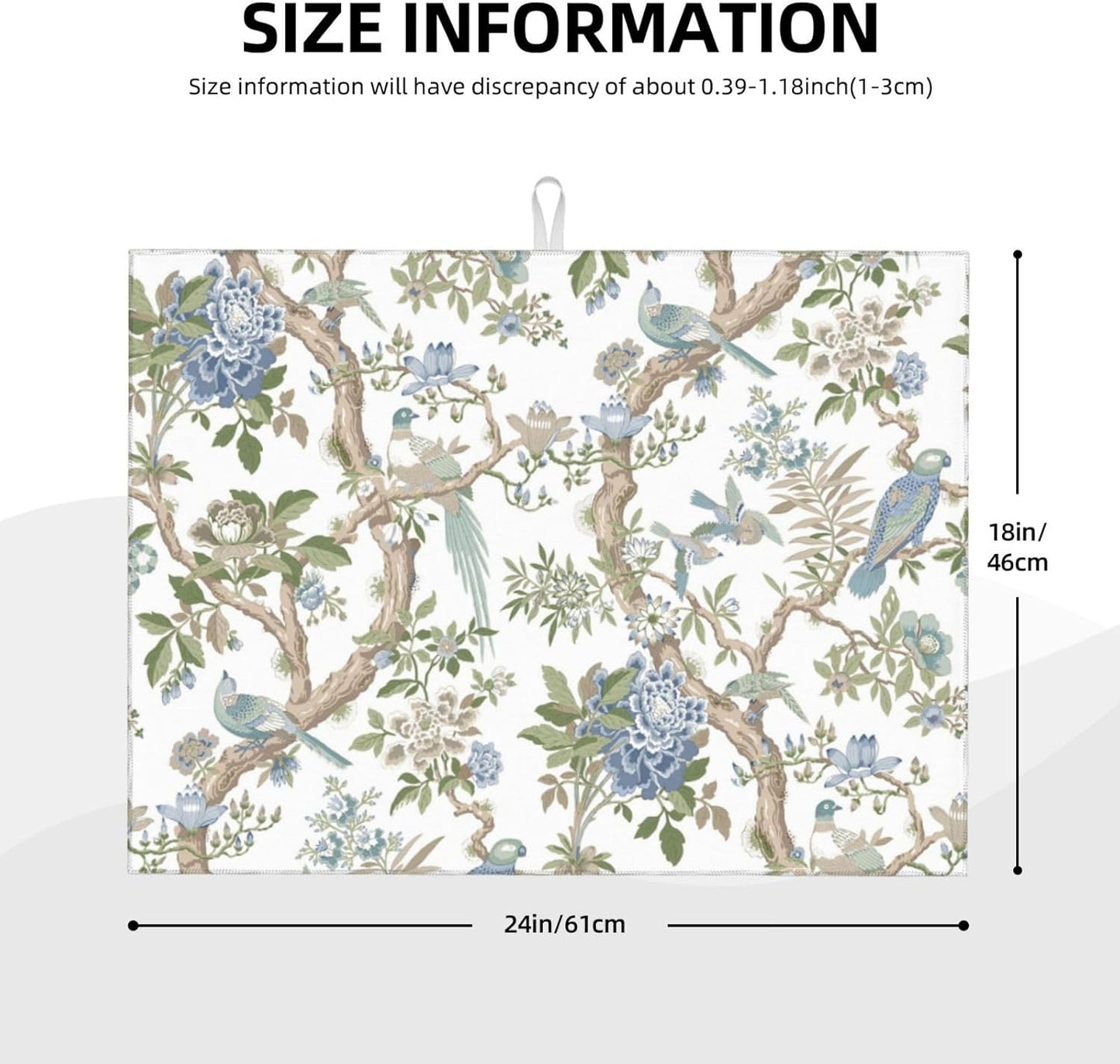 Floral Bidrs Dish Drying Mat 18x24 for Kitchen Counter, Blue Green Chinoiserie Decorative Absorbent Coffee Mat Dish Drying Pad Coffee Bar Dish Drainer Rack Mat Drainer Mat