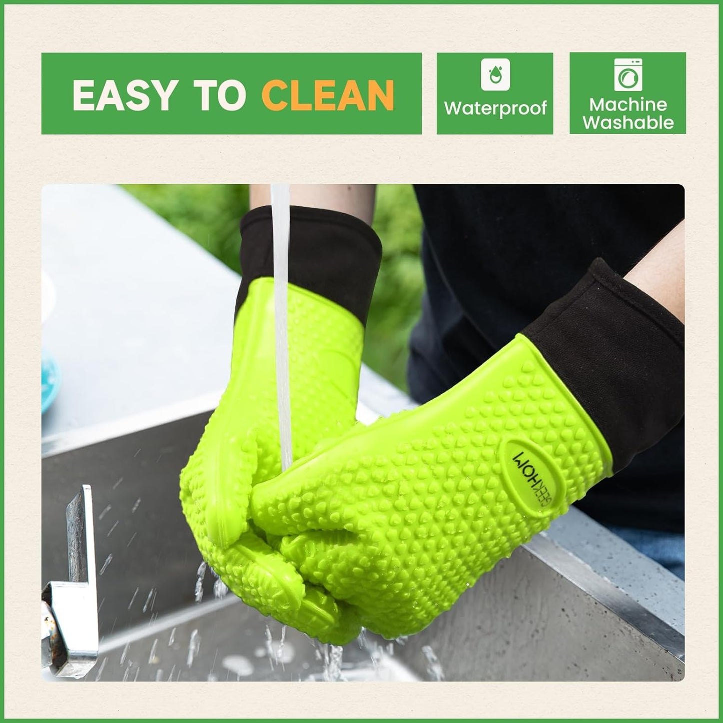 GEEKHOM BBQ Gloves Heat Resistant Oven Mitts - Silicone Grilling Gloves with 13.7" Arm Protection - Waterproof Pot Holder Non-Slip for Men & Women, Kitchen Outdoor Cooking, Baking, Camping, Green