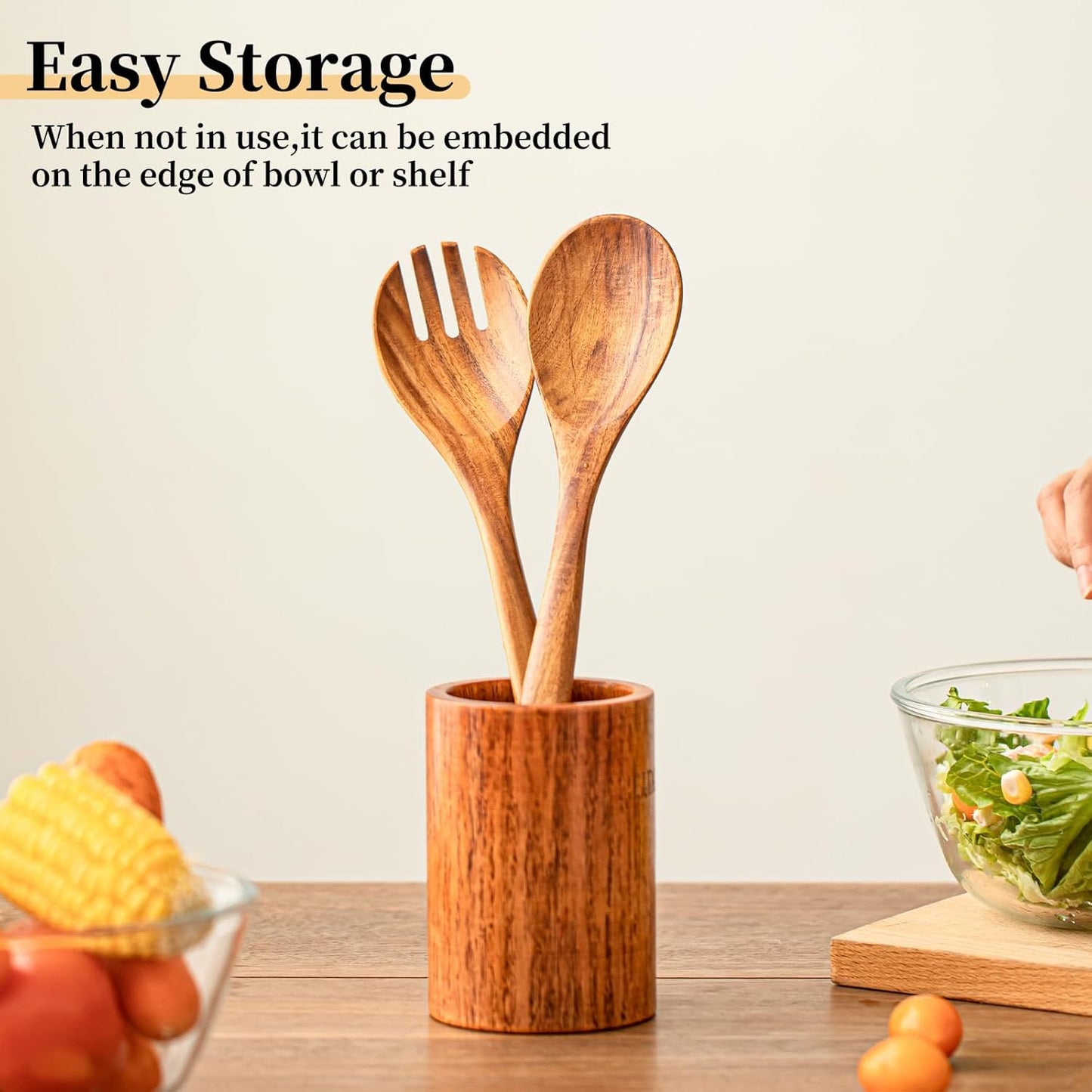 Gudamaye Acacia Wooden Salad Server Set,13 inch Salad Tongs for Serving including Salad Mixing Dinner Fork and Spoon,Long Handle Salad Server Set