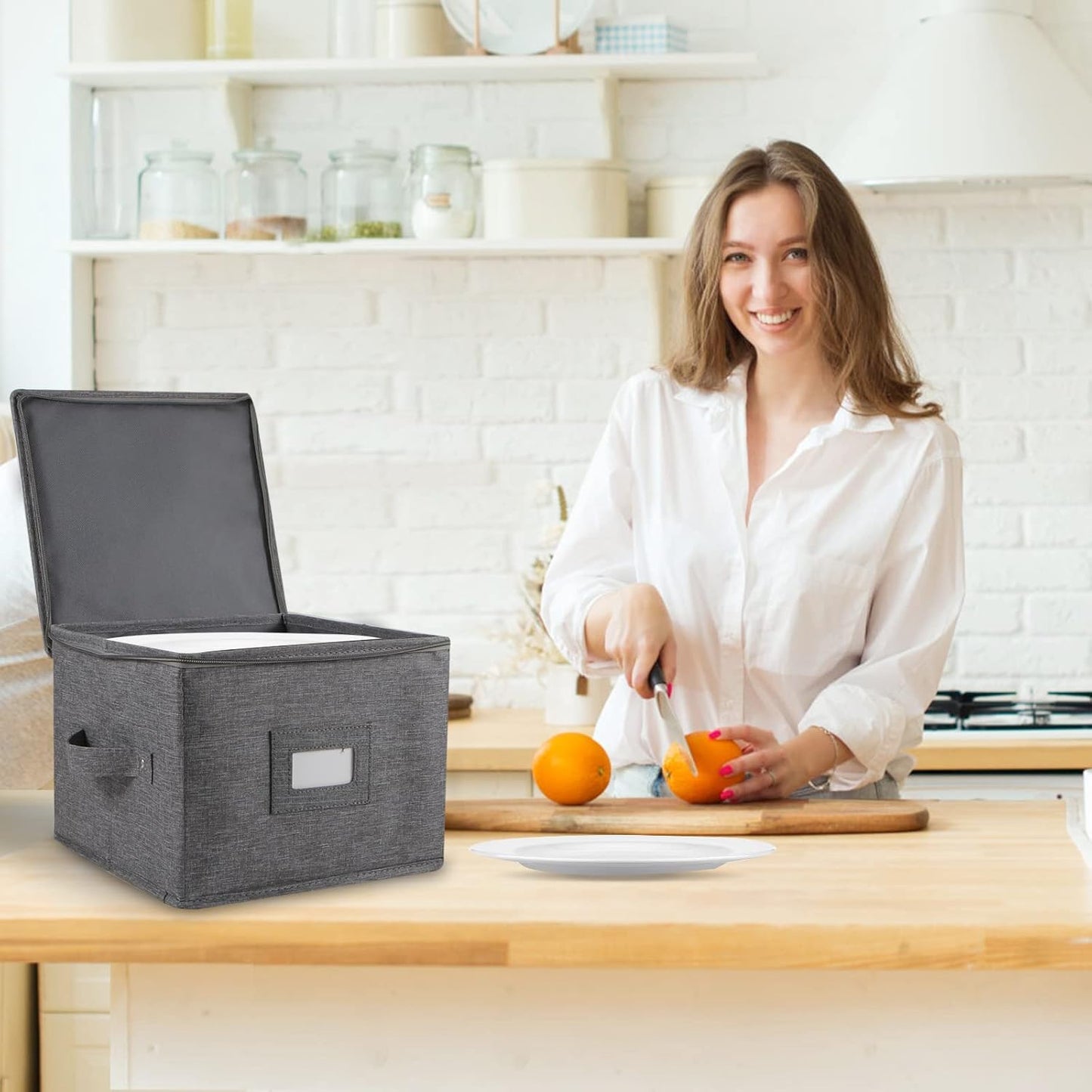 popoly China Storage Containers Hard Shell Inside 10" W x 8" H, Salad Plate Storage Containers for Dishes, Dinnerware with 24 Felt Dividers, Hold 24 Plates, Foldable and Stackable (2 Pack Grey)