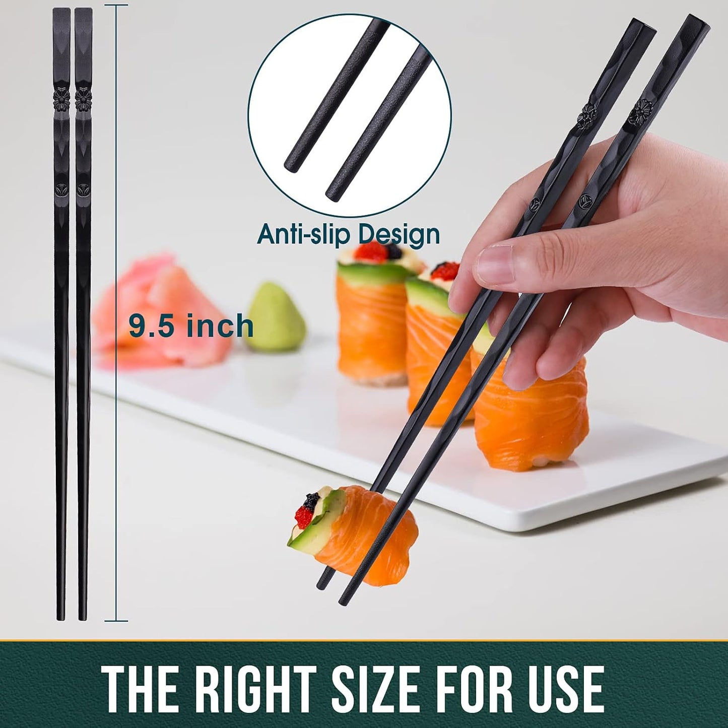 5 Pairs Japanese Fiberglass Chopsticks, GLAMFIELDS Reusable Chop sticks Dishwasher Safe, Non-slip, 9 1/2 inches - Gift Set Black