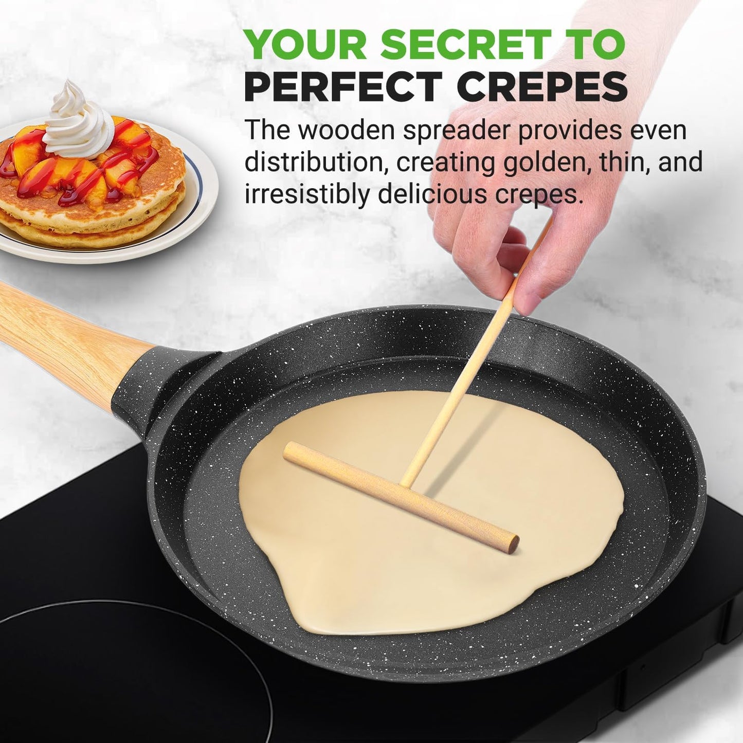 Nutrichef 2-Pack Non-Stick Crepe Pan Set – 11” Marble Coated Dosa Pans with Wooden Spreaders, Bakelite and Wood Handles, Induction-Compatible, Easy-to-Clean, Stain-Resistant (Black Marble)