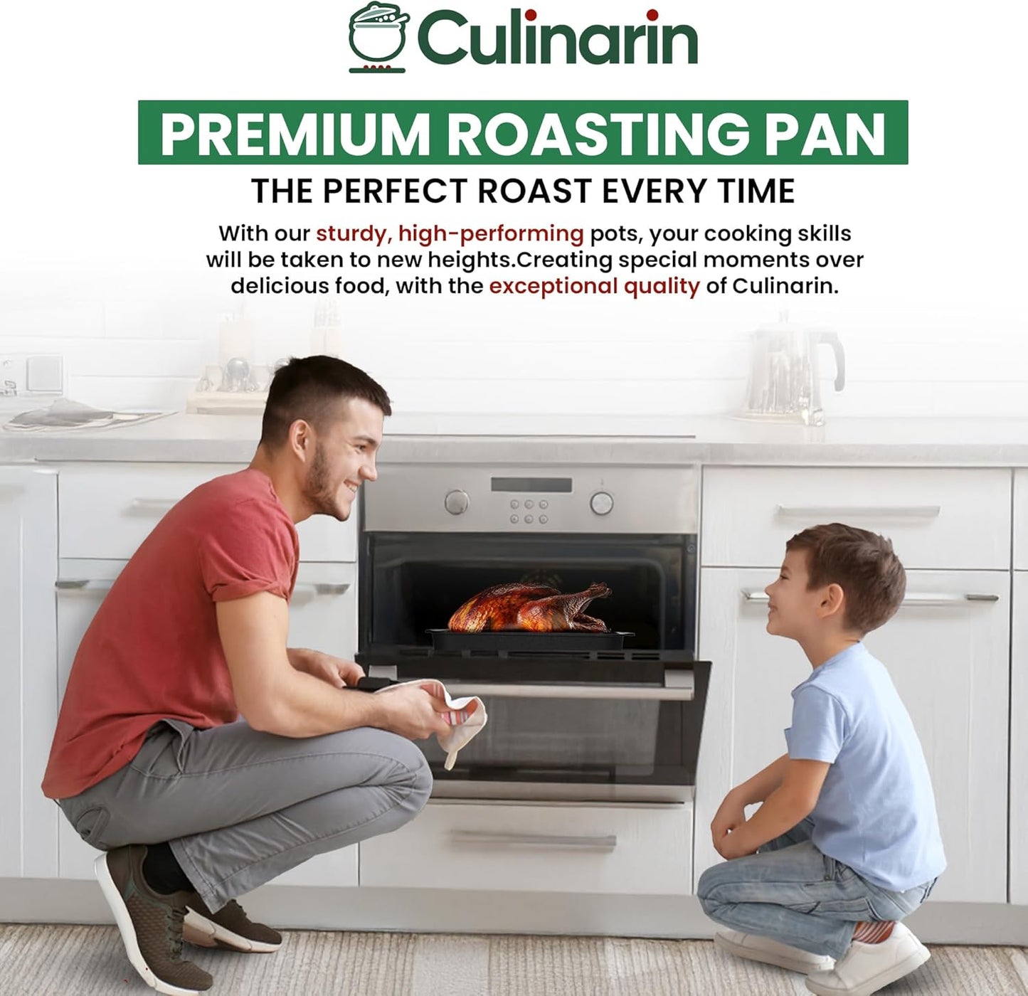 Large Roasting Pan With Rack 12” x 16” - Non Stick Large Roaster Pan and V-Rack With Foldable Handles - Roasting Pans for Ovens to Elevate Food for Even Heating - Dishwasher Safe Turkey Roast Pot