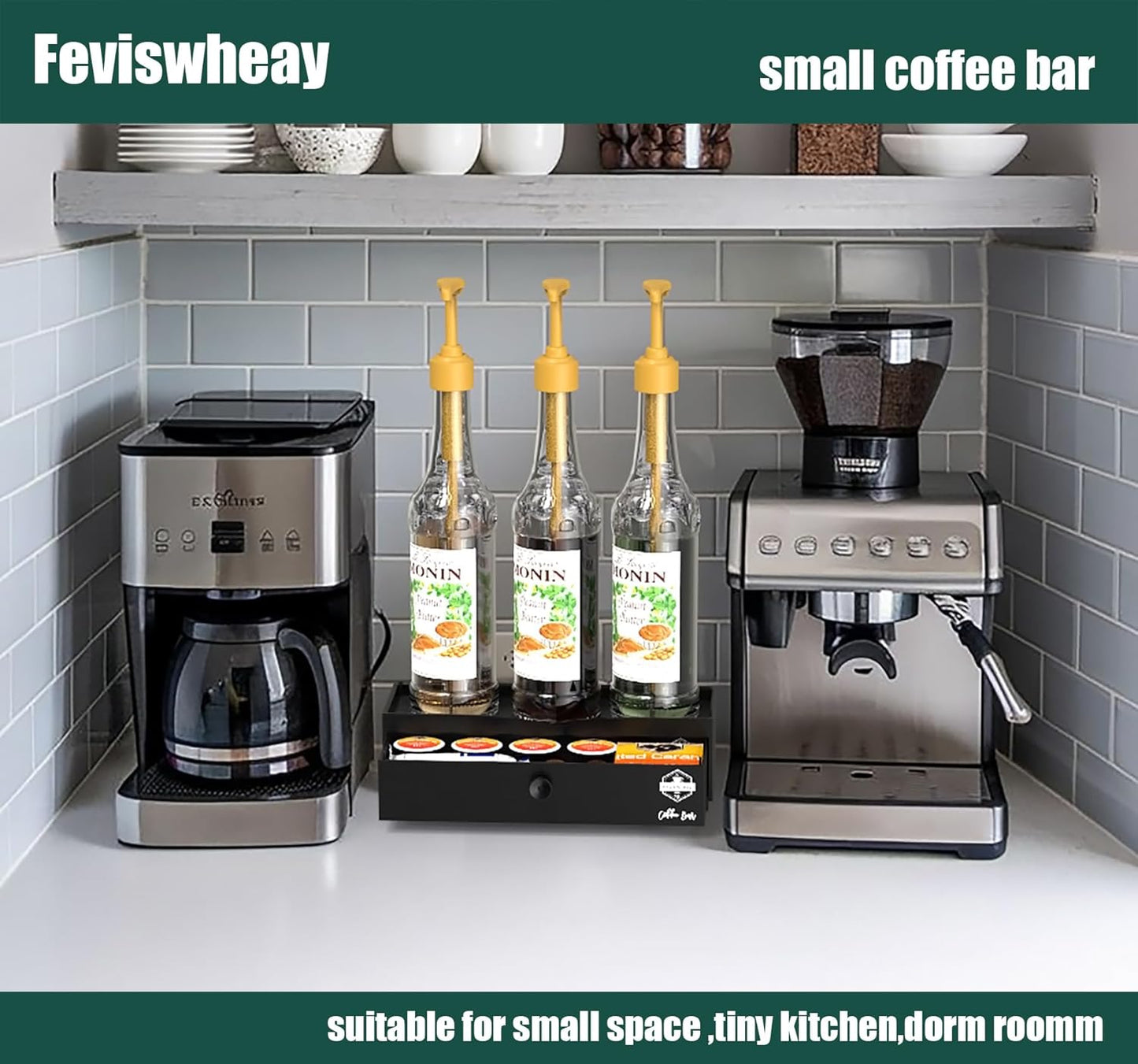 Coffee Bar Organizer, 2-Tier Syrup Rack with Coffee Drawer, Suitable for Dirty Soda Bar Supplies & Holding Torani Bottles, Wine Glasses, Space-Saving for Small Kitchens,Apartments,Dorms