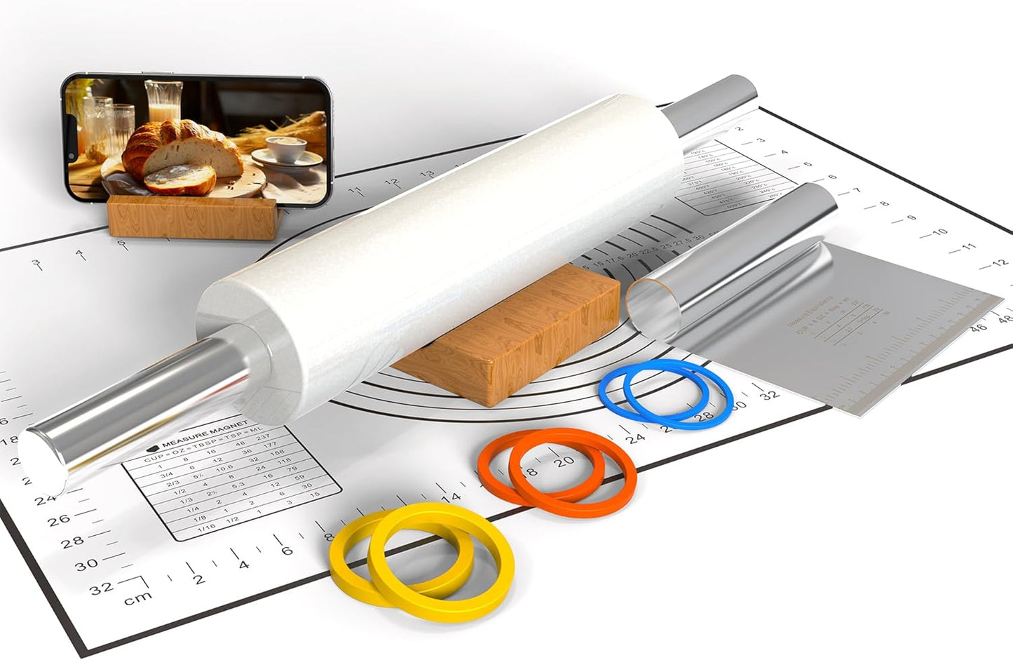 Marble Rolling Pin with Pastry Baking Mat and Stainless Steel Dough Cutter, 18.5” (Includes handle) Rolling Pin for Baking Cookie Crust Crisp Pizza with 3 Thickness Rings and Wood Stand