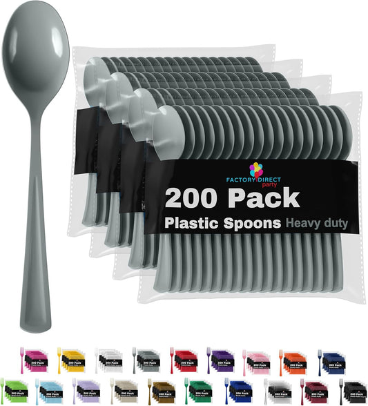 Silver Plastic Spoons 200 Pcs Silver Spoons Disposable Utensils Heavy Duty Plastic Cutlery Set Disposable Cutlery Sets Flatware Sets Silverware Set Party Supplies & Party Tableware Party Solids