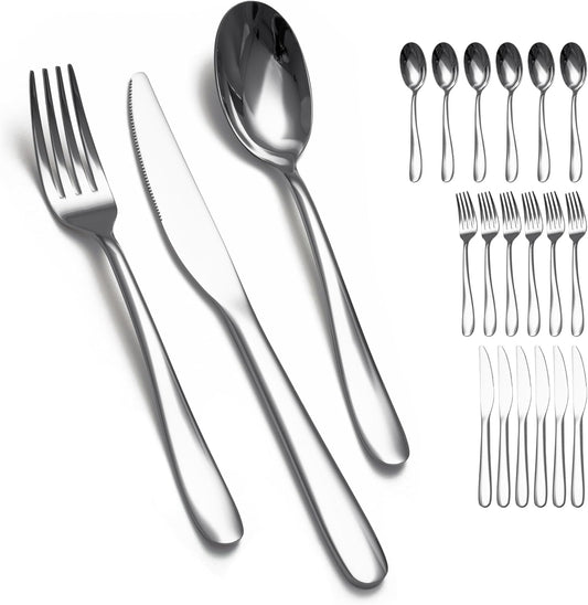Stainless Steel 18PCS Dinner Set combo with 6 Dinner Knives, 6 Dinner Forks, 6 Dinner Spoons，Silverware Set for Home, Kitchen and Restaurant, Mirror Polished& Dishwasher Safe