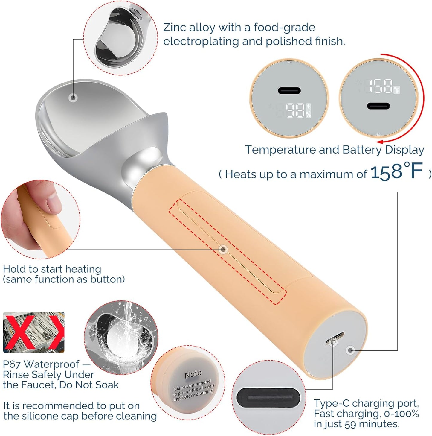 Heated Ice Cream Scoop Rechargeable, Electric Warming Ice Cream Scooper with LED Display, Heats to 158°F for Hard Ice Cream, Easy for Seniors & Kids, IP67 Waterproof (Butter Yellow, 2oz)