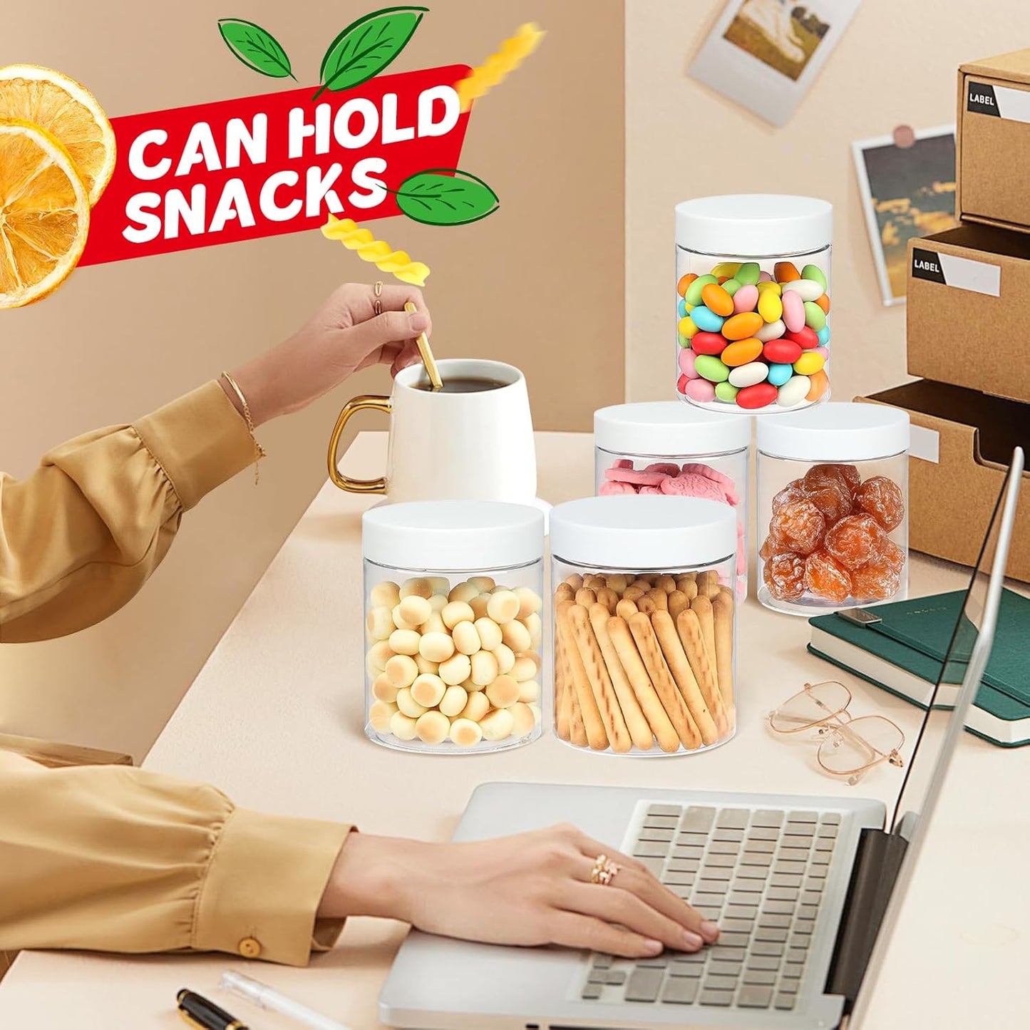 48 PCS 8 OZ Plastic Jars with Screw On Lids,Labels Refillable Empty Round Slime Containers for Storing Dry Food, Honey Jam, Cream, Butter, Lotion, White