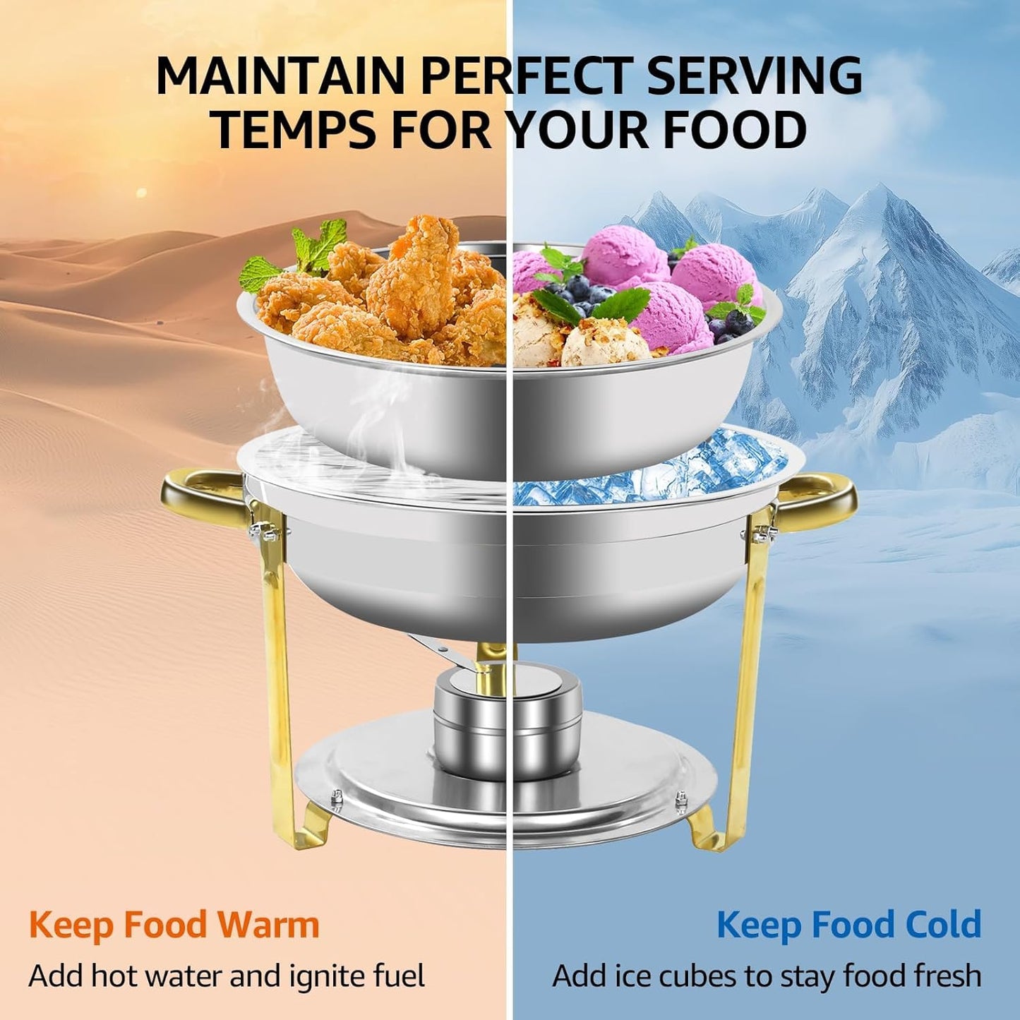 Gold & Silver Chafing Dishes for Buffet with Lid 5QT, 4 Pack - Food-Grade Stainless Steel Chafers and Buffet Warmers Sets with Lid Holder, Rolled Edge Design, for Party, Banquet